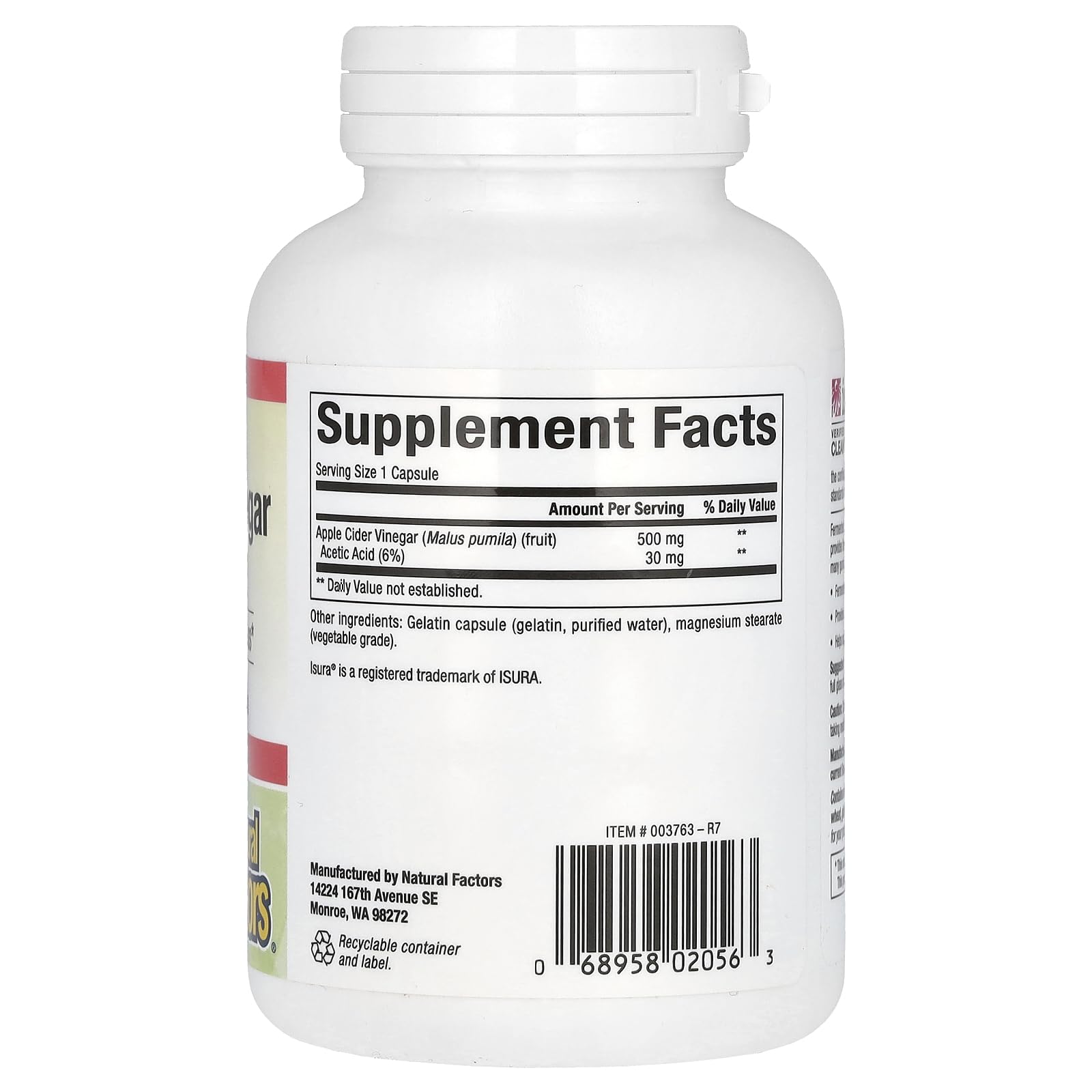 Foto 3 pulgar | Complemento Natural Factors Vinagre de Sidra de Manzana Fermentado 500 Mg 180 Cápsulas - Venta Internacional