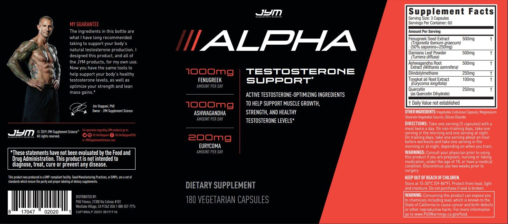 Foto 5 pulgar | Suplemento de Apoyo a la Testosterona Jym Alpha 180 Cápsulas - Venta Internacional