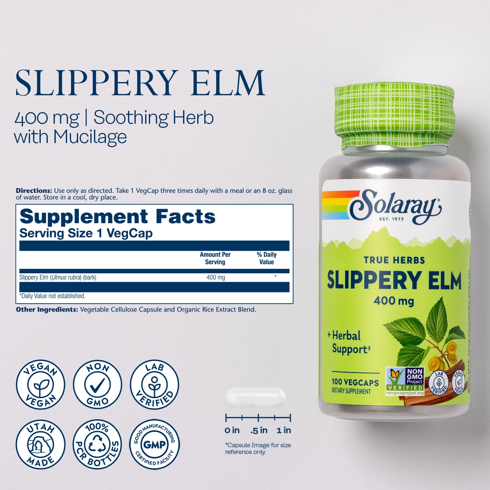 Foto 4 pulgar | Suplemento Solaray De Corteza De Olmo, 400 Mg, 100 Cápsulas Vegetales - Venta Internacional.