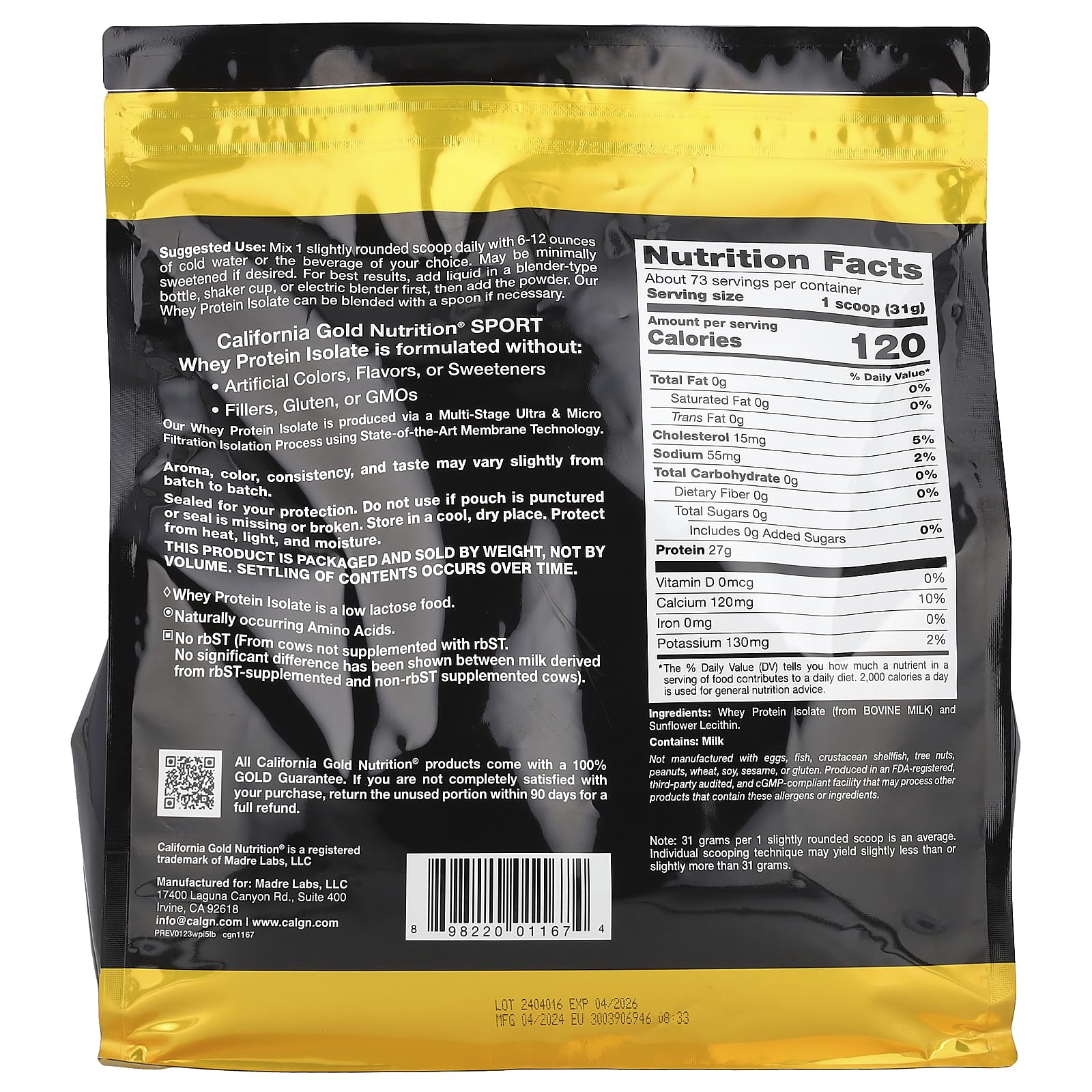 Foto 3 pulgar | Proteína De Suero Aislada California Gold Nutrition, 2,27 Kg - Venta Internacional.