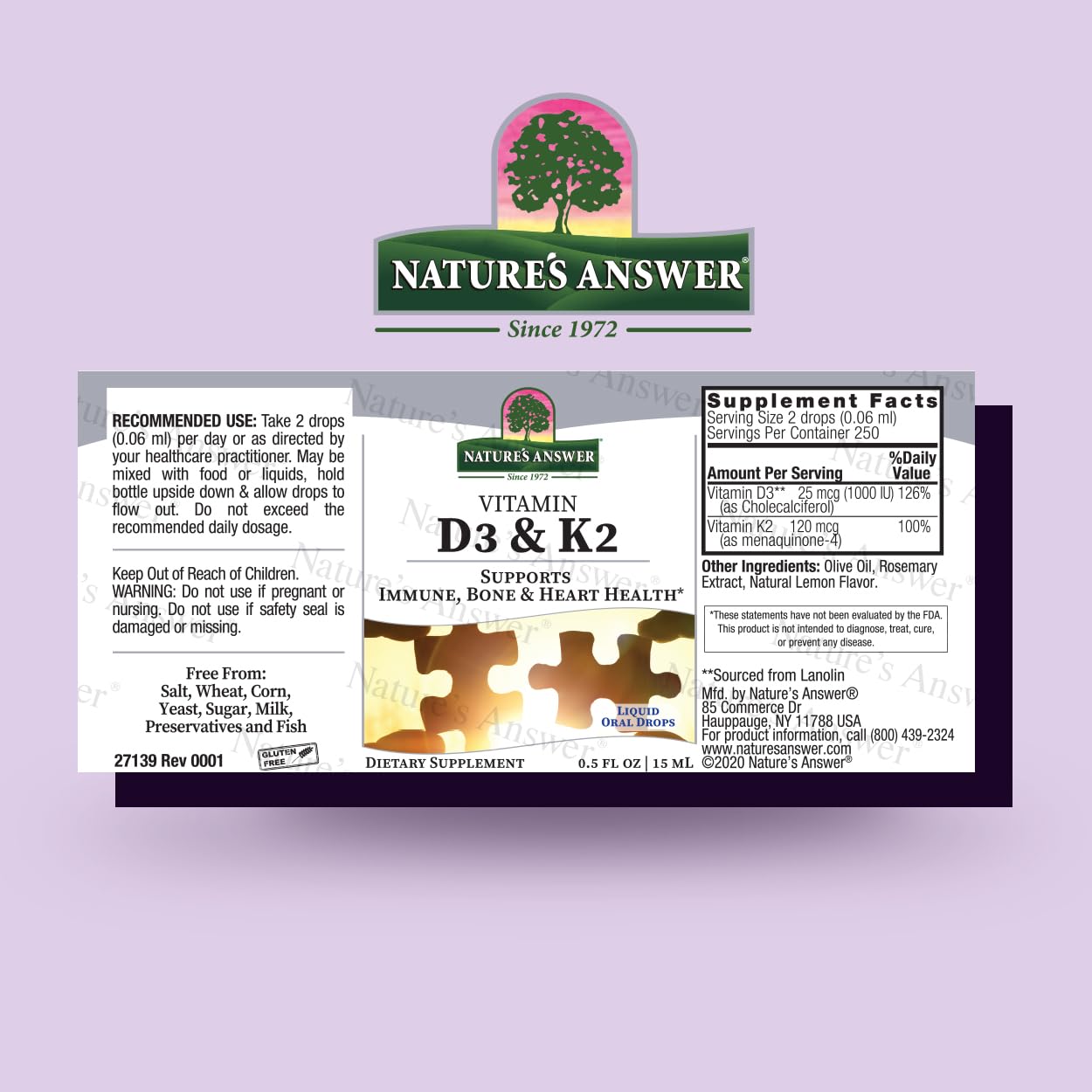 Foto 2 | Suplemento De Vitamina D3 Y K2 De Nature's Answer, 15 Ml - Venta Internacional.
