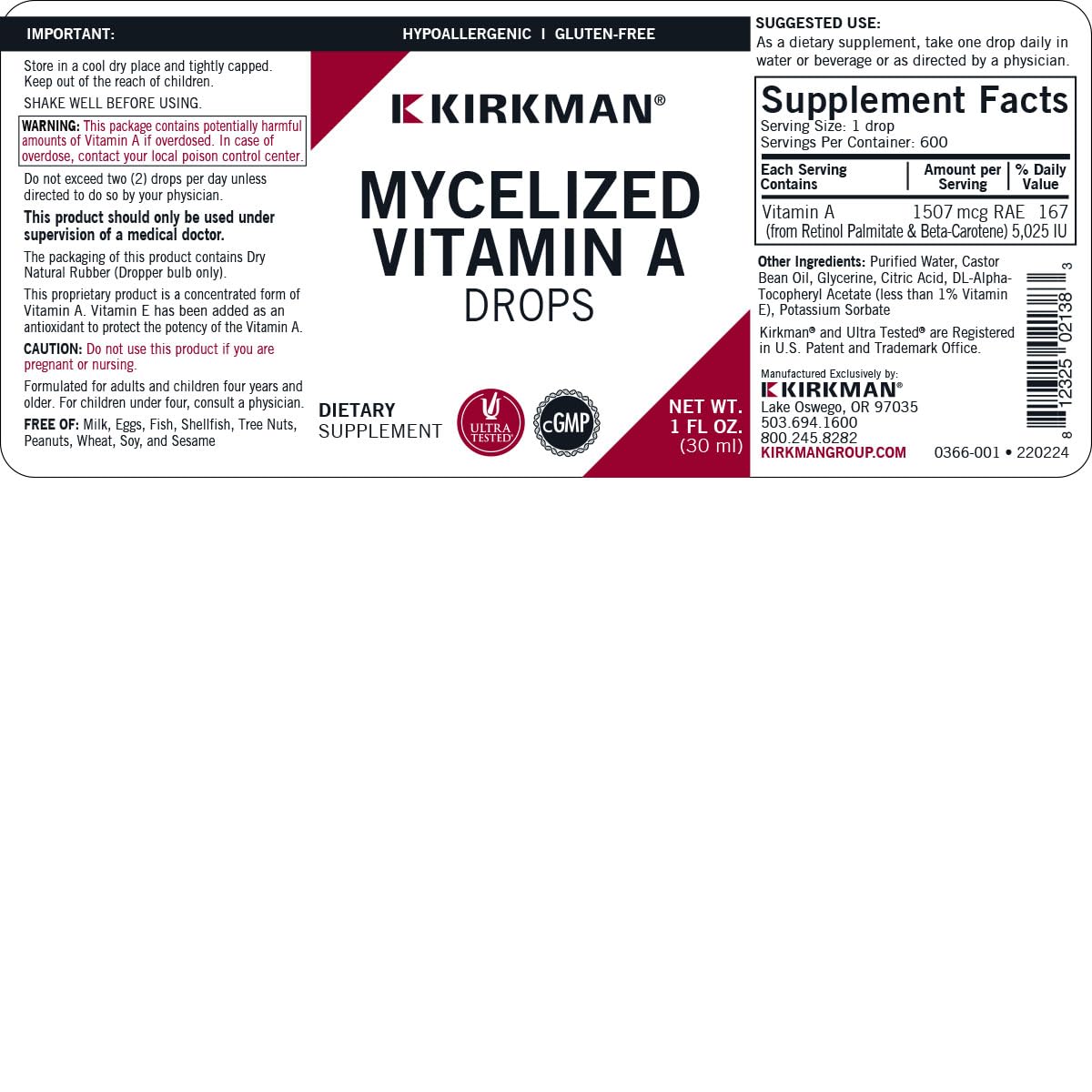 Foto 4 pulgar | El Líquido Kirkman Mycelized De Vitamina A, 30 Ml, Apoya El Sistema Inmunitario - Venta Internacional.