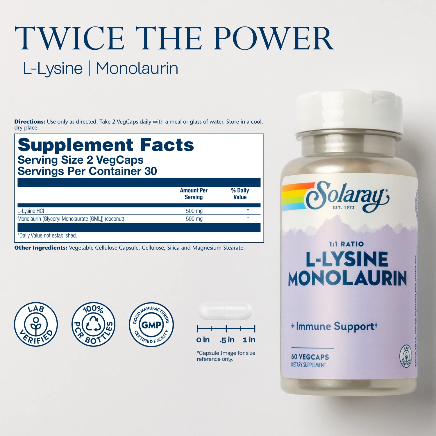 Foto 3 pulgar | Suplemento Solaray L-lisina Y Monolaurina Para El Apoyo Inmunológico, 500 Mg - Venta Internacional.