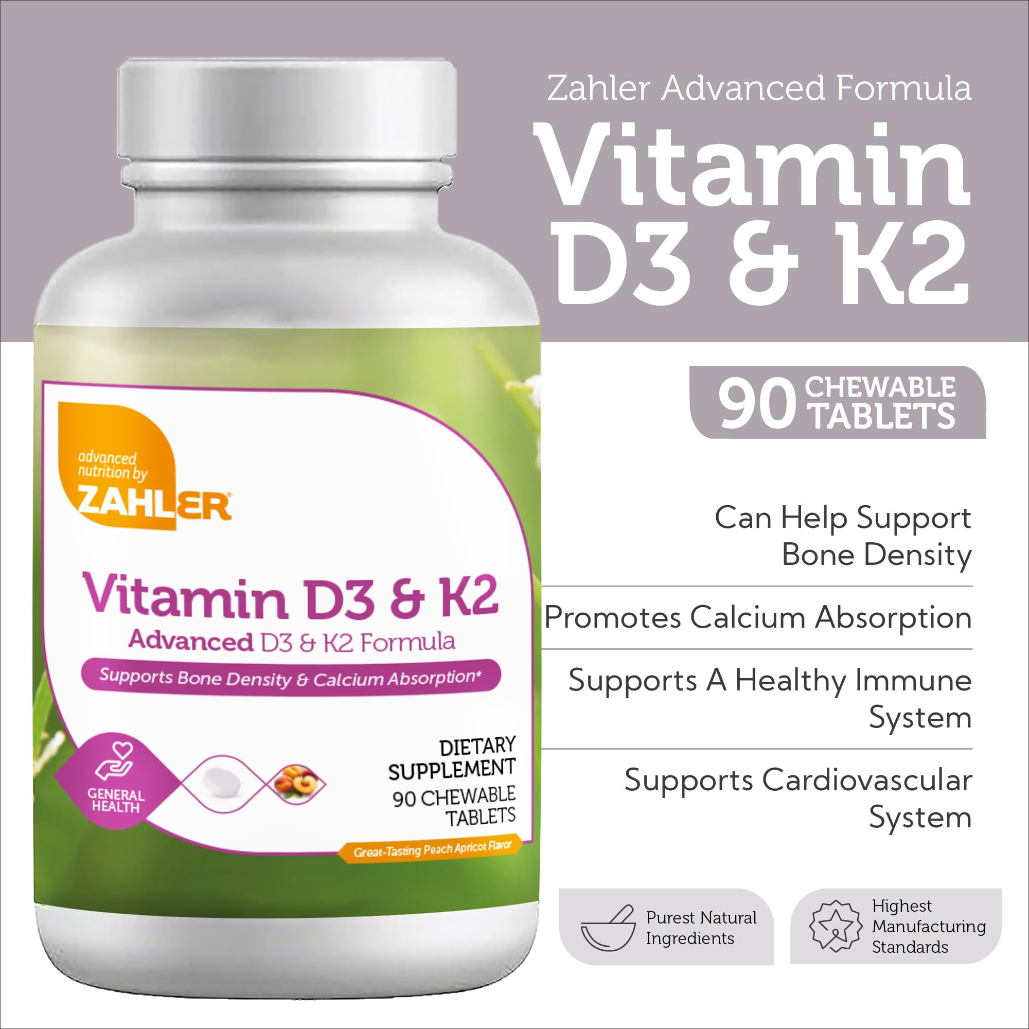 Foto 3 pulgar | Suplemento Zahler De Vitamina D3 Y K2 Masticable 90 Comprimidos - Venta Internacional.