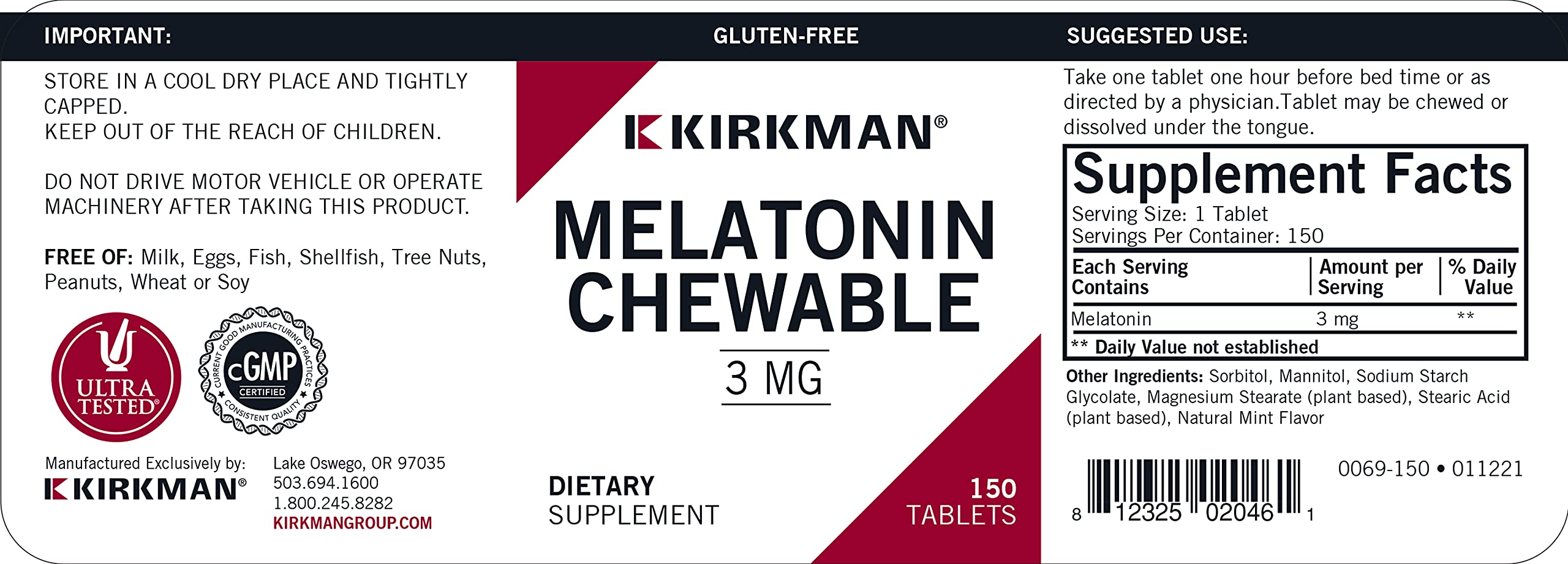 Foto 4 pulgar | Suplemento Kirkman, Tabletas Masticables De Melatonina, 3 Mg, 150 Unidades - Venta Internacional.