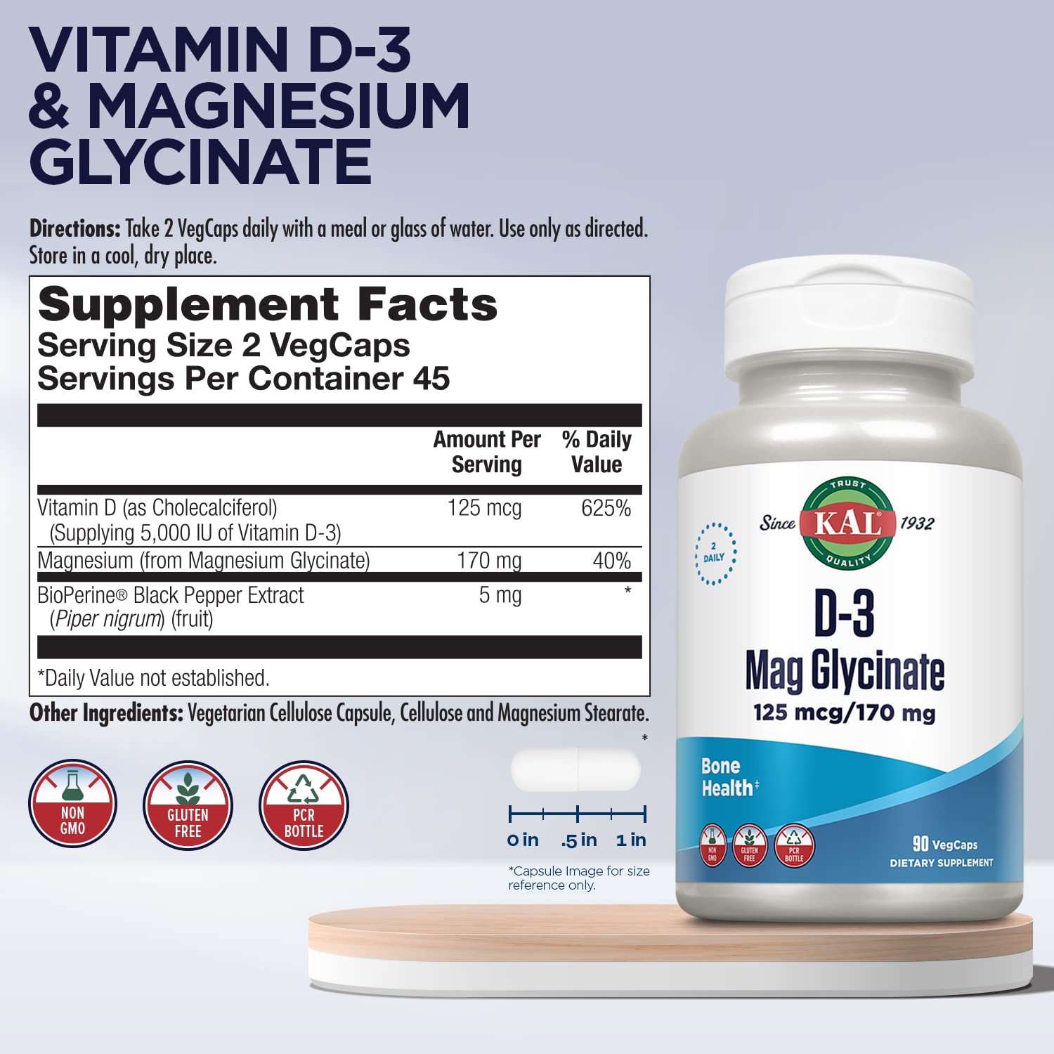 Foto 3 pulgar | Suplemento Kal De Vitamina D3 Y Glicinato De Magnesio, 90 Cápsulas Vegetales - Venta Internacional.