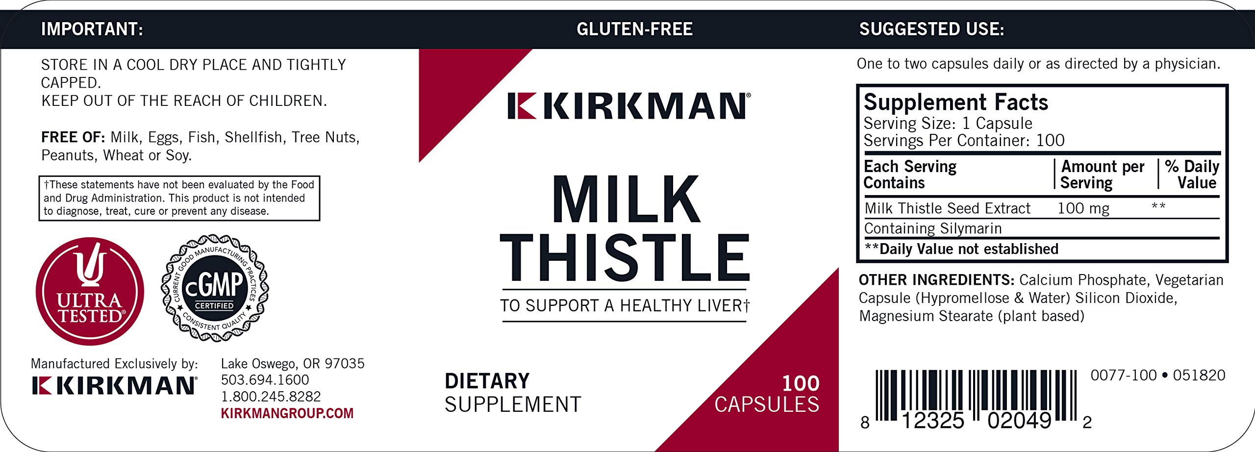 Foto 3 pulgar | Suplemento Kirkman Milk Thistle 100 Mg 100 Cápsulas Vegetarianas - Venta Internacional.