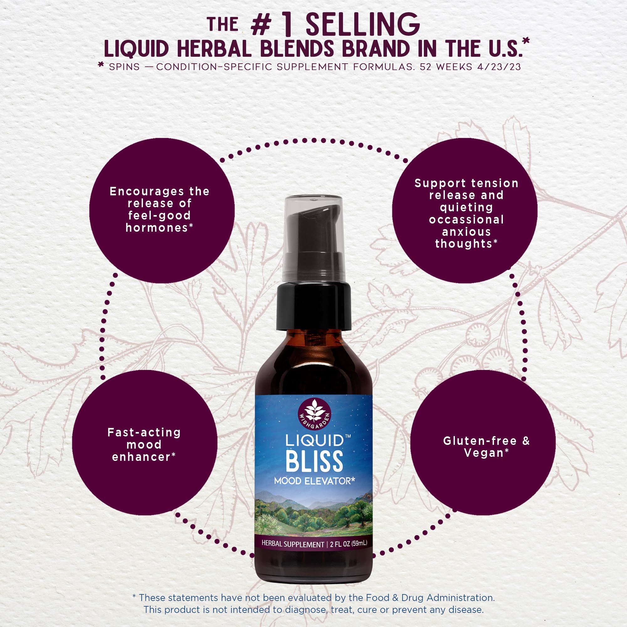 Foto 4 pulgar | Suplemento Wishgarden Herbs Liquid Bliss Mood Elevator 60 Ml - Venta Internacional.