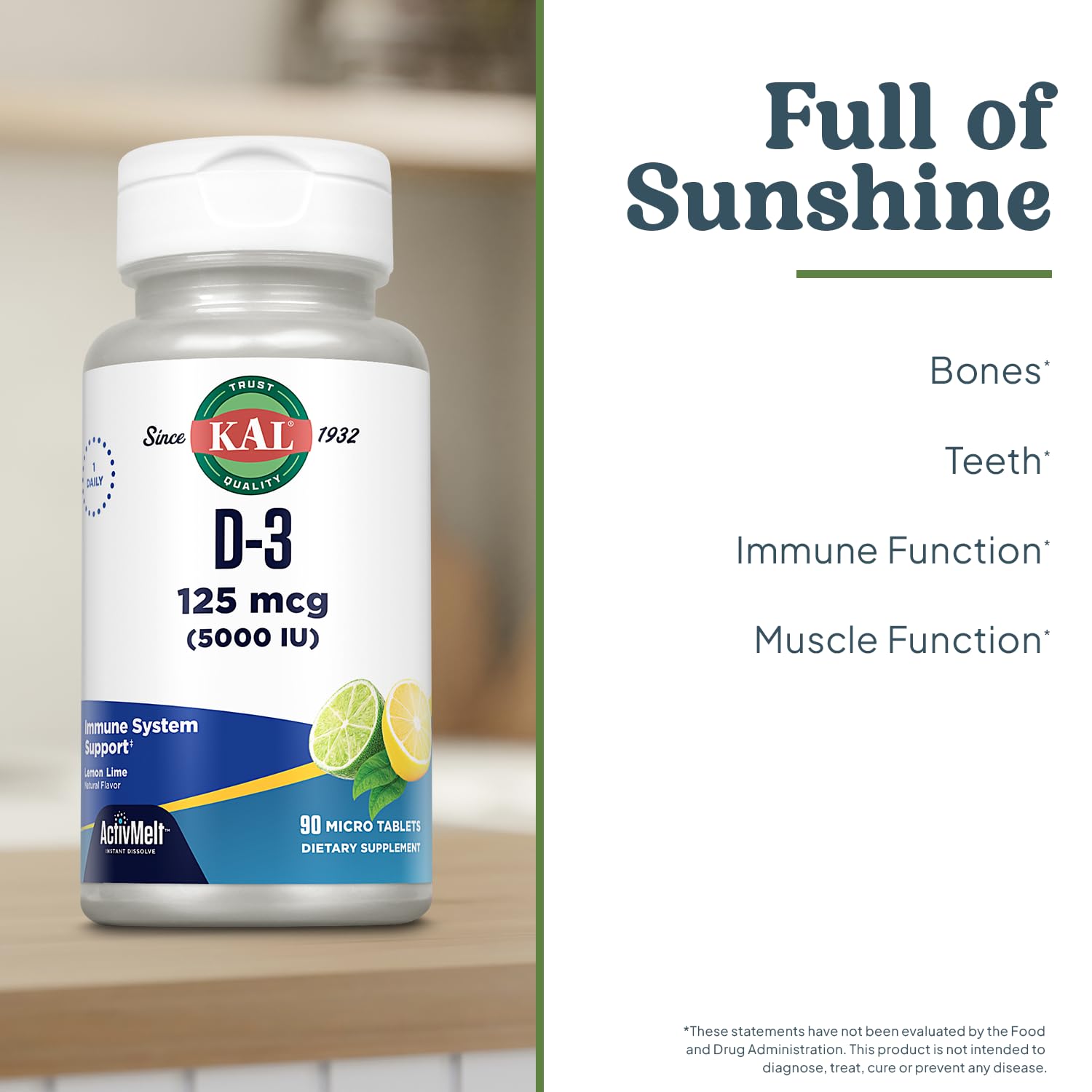 Foto 4 pulgar | Suplemento Kal De Vitamina D-3, 5000 Ui, Activmelt, 90 Comprimidos - Venta Internacional.