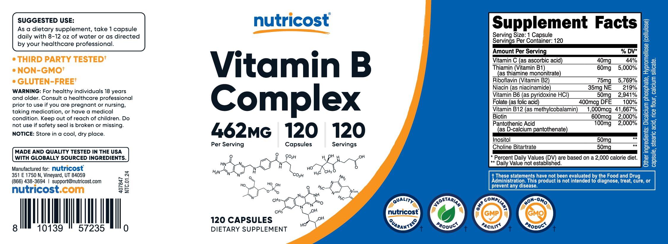 Foto 7 pulgar | Suplemento Nutricost Vitamina B Complex 462 Mg 120 Cápsulas - Venta Internacional.