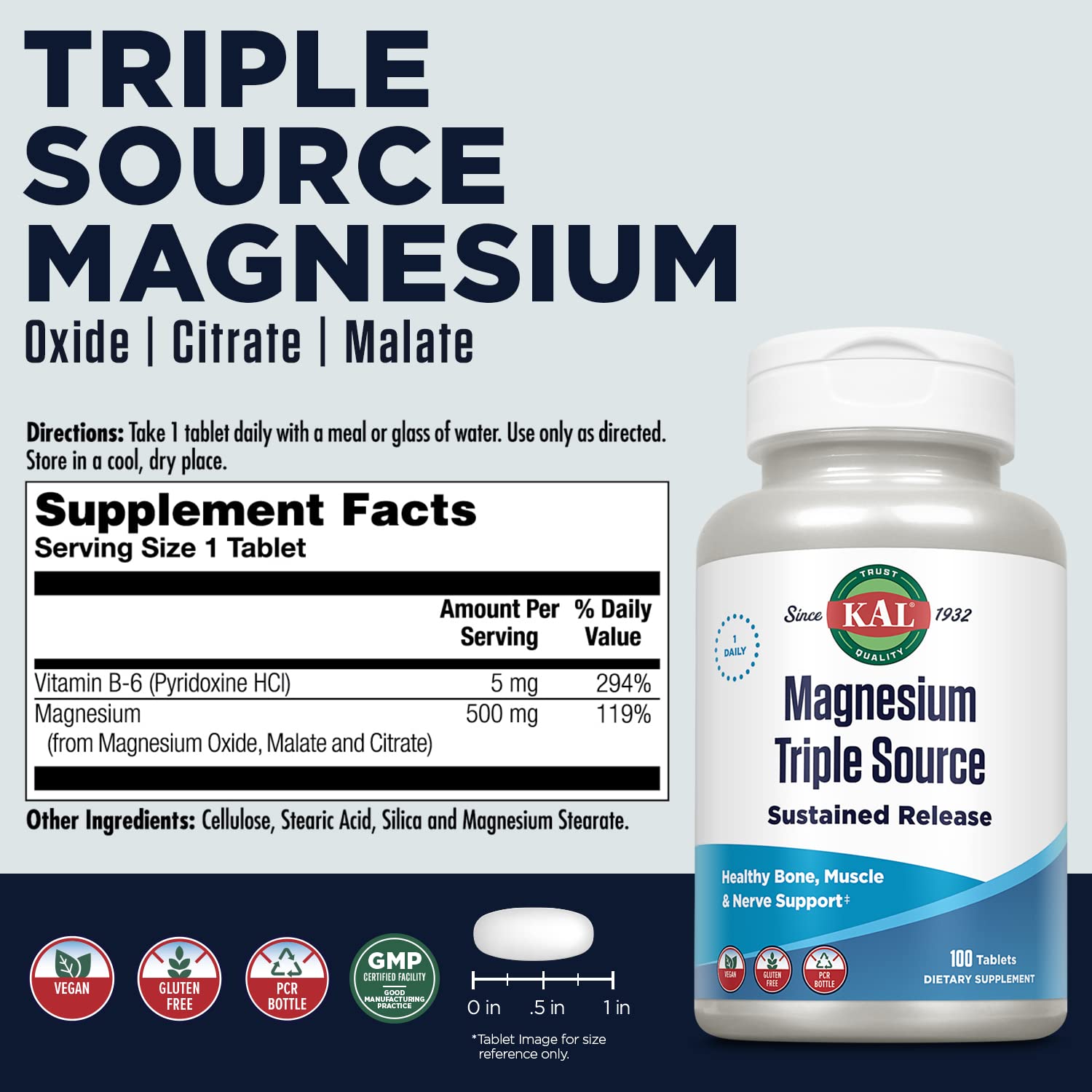 Foto 3 pulgar | Suplemento Kal Triple Source Magnesio Complex 100 Comprimidos - Venta Internacional.