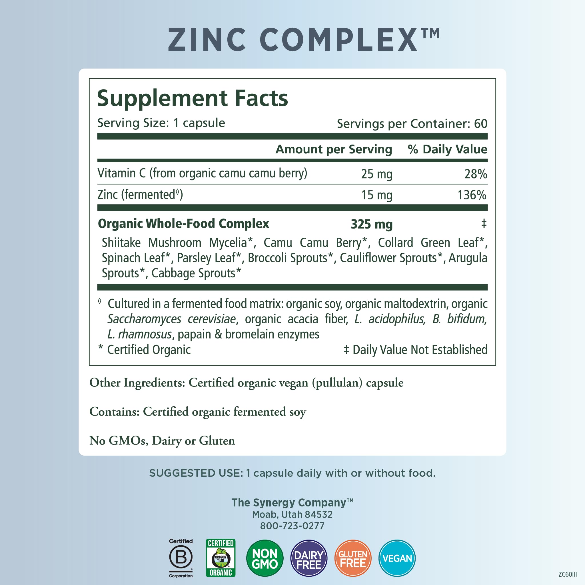 Foto 3 pulgar | Suplemento Pure Synergy Zinc Complex 60 Cápsulas - Venta Internacional.