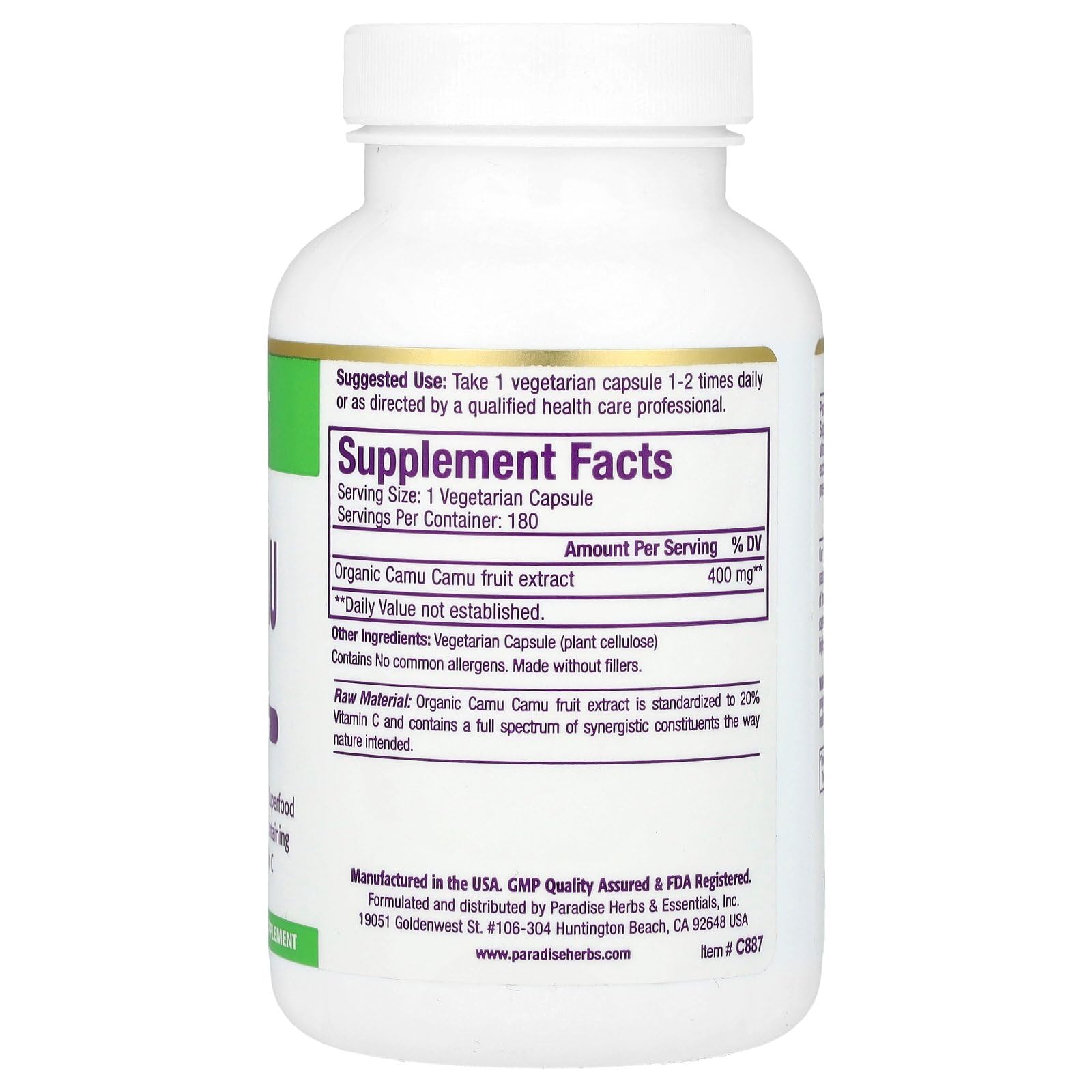 Foto 3 pulgar | Suplemento De Extracto De Camu Camu De Paradise Herbs 400 Mg 180 Cápsulas - Venta Internacional.