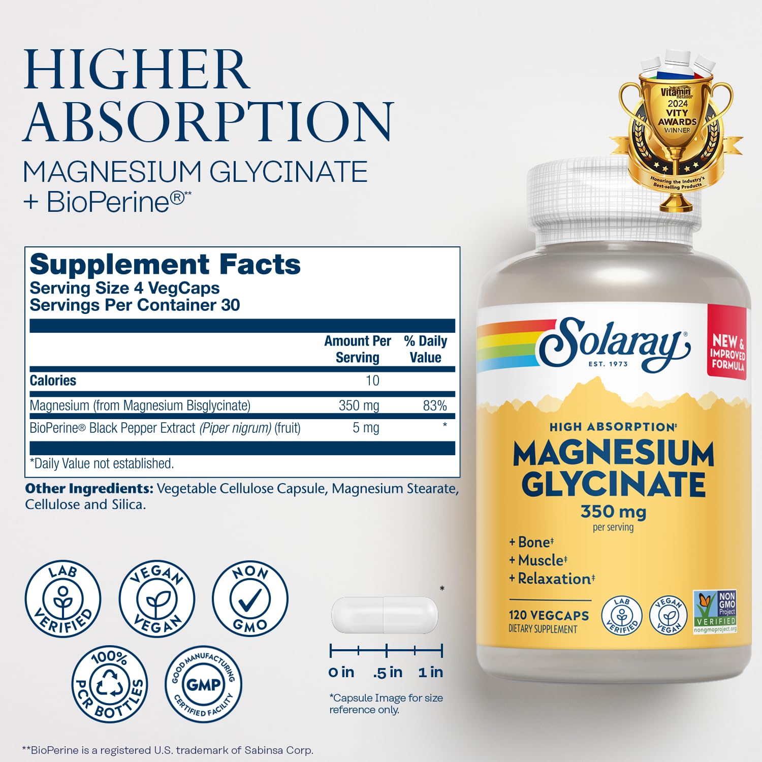 Foto 3 pulgar | Suplemento Solaray De Glicinato De Magnesio 350 Mg 120 Cápsulas Vegetales - Venta Internacional.