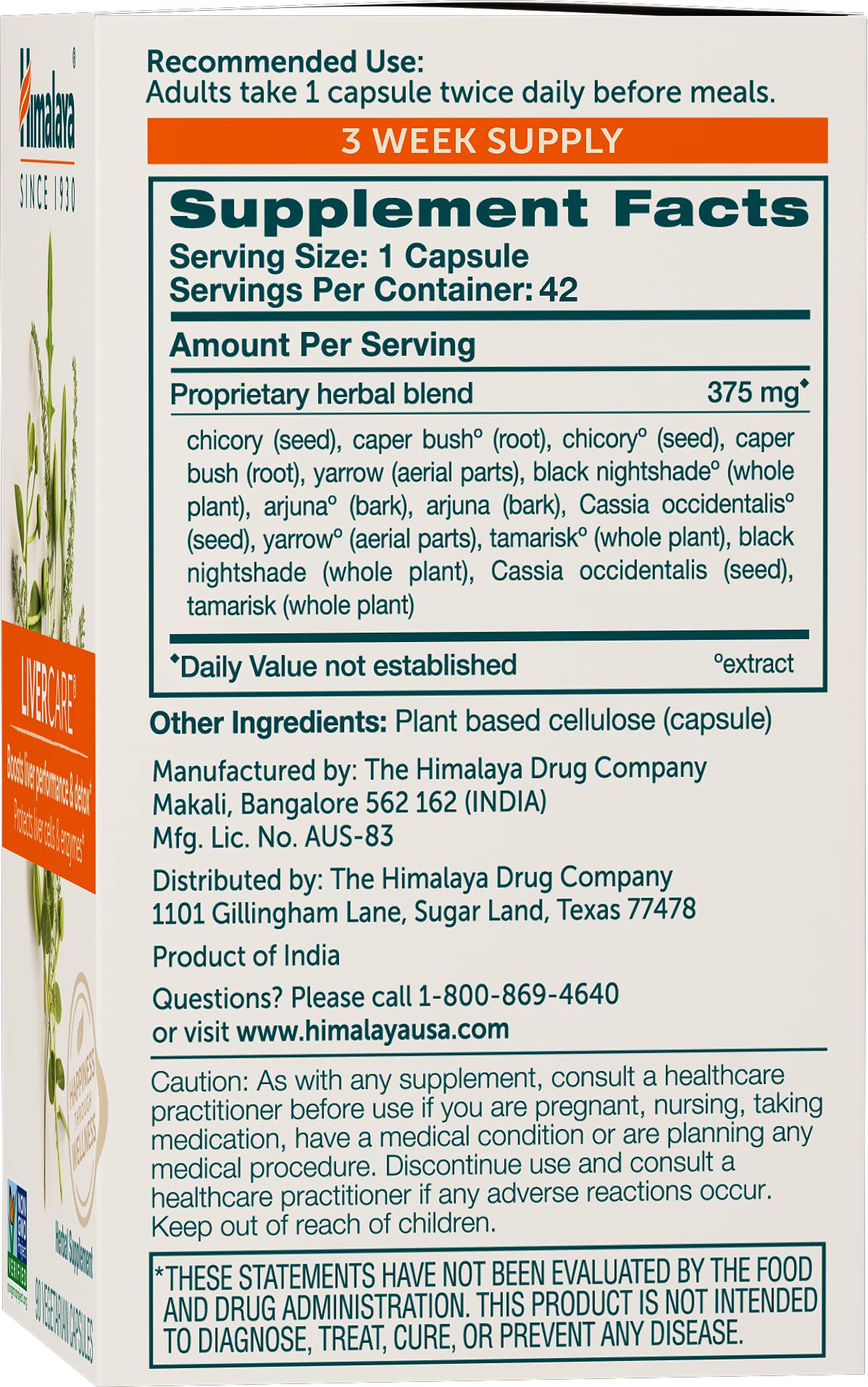 Foto 3 pulgar | Suplemento Himalaya Livercare 375 Mg 42 Cápsulas Durante 3 Semanas - Venta Internacional.