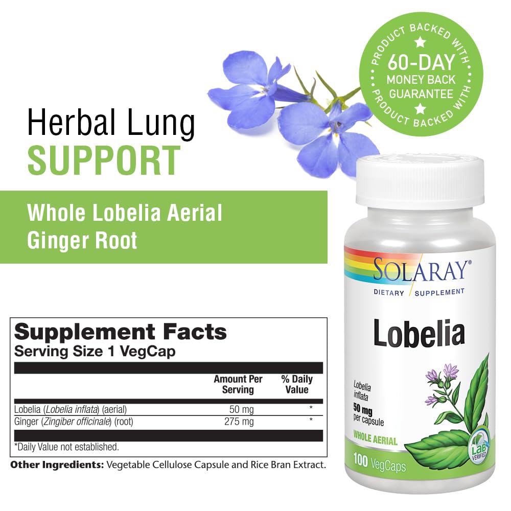 Foto 4 pulgar | Suplemento Solaray Lobelia Aerial, 50 Mg, Healthy Respiratory, 100 Cápsulas Vegetarianas - Venta Internacional.
