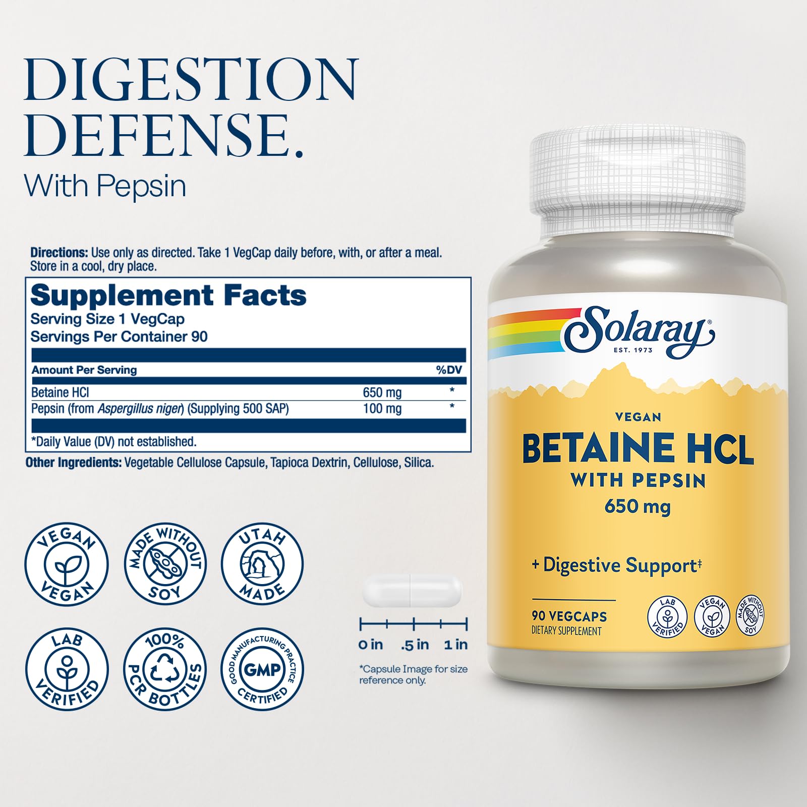 Foto 3 pulgar | Suplemento Solaray De Betaína Vegana Hcl Con Pepsina 90 Cápsulas Vegetales - Venta Internacional.
