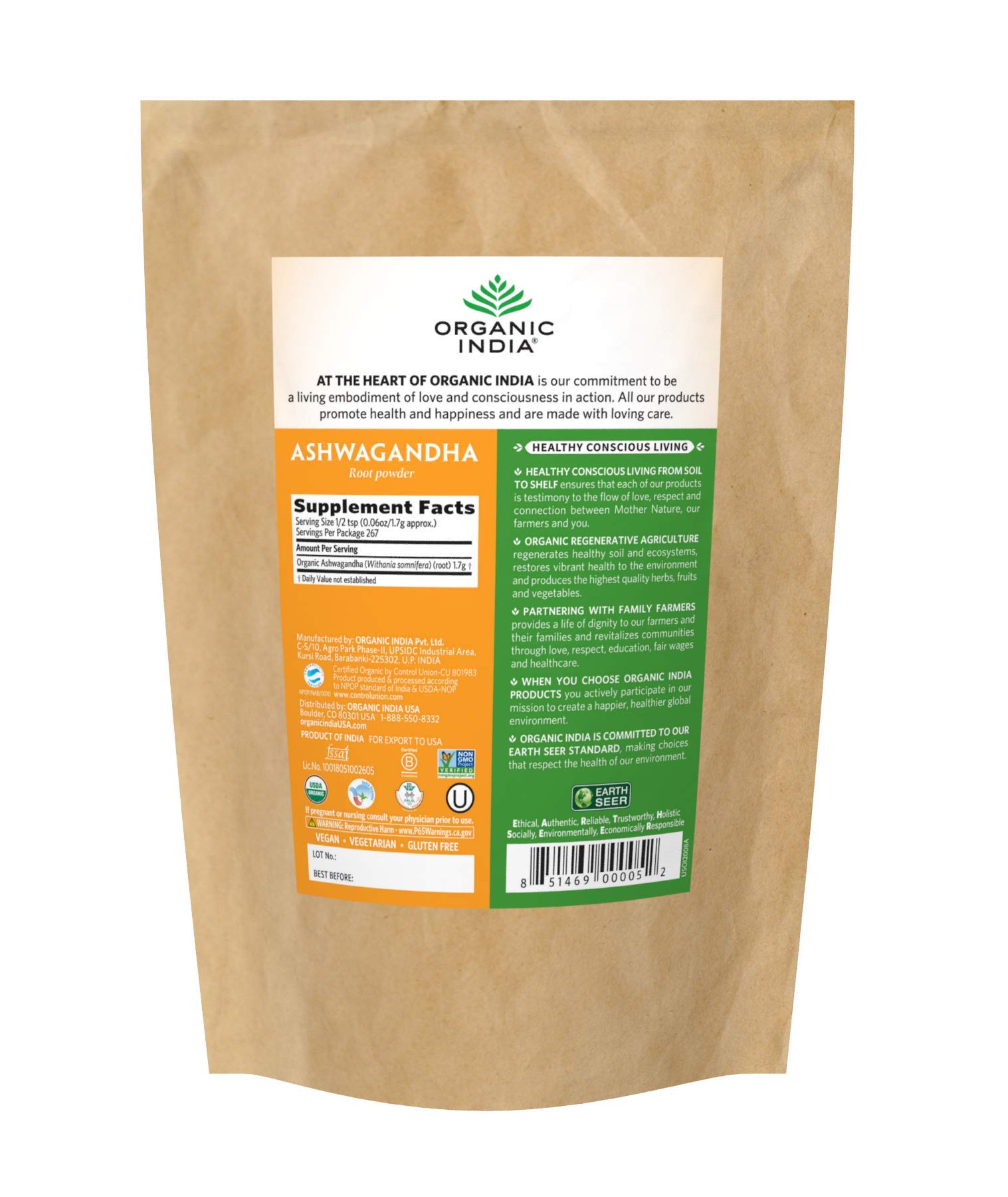 Foto 3 pulgar | Suplemento Organic India: Ashwagandha En Polvo, 454 G, Vegano - Venta Internacional.