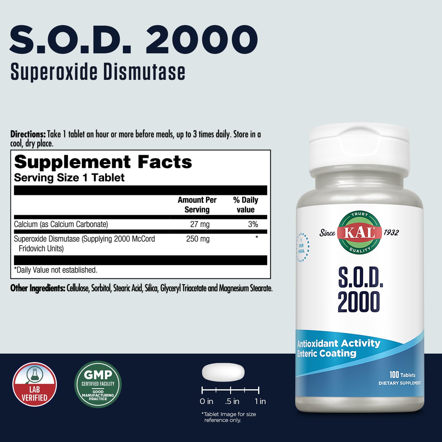 Foto 3 pulgar | Suplemento Antioxidante Kal S.o.d. 2000, 100 Comprimidos - Venta Internacional.