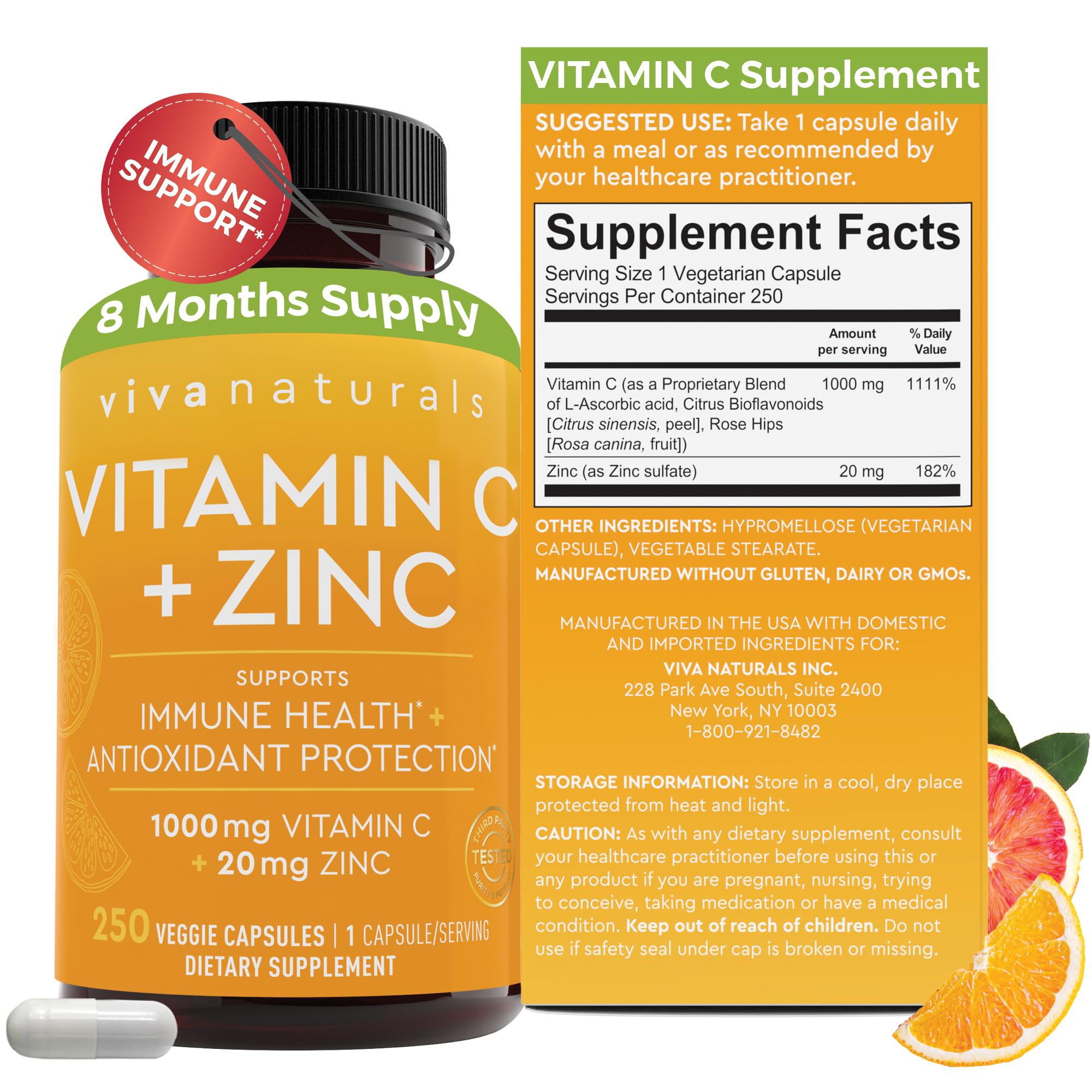 Suplemento Viva Naturals De Vitamina C De 1000 Mg Con Zinc, 20 Mg, 250 Cápsulas - Venta Internacional.