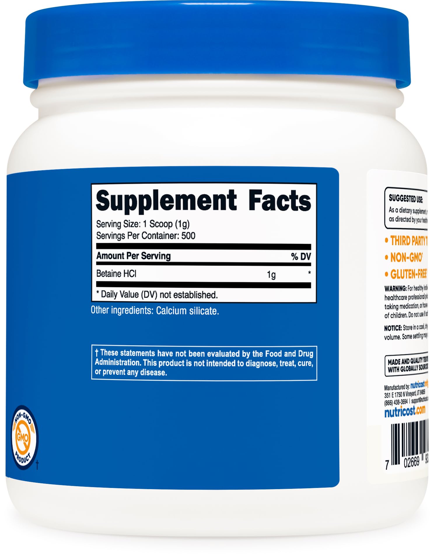 Foto 6 pulgar | Suplemento Nutricost Betaine Hcl En Polvo 500 G Sin Gluten - Venta Internacional.