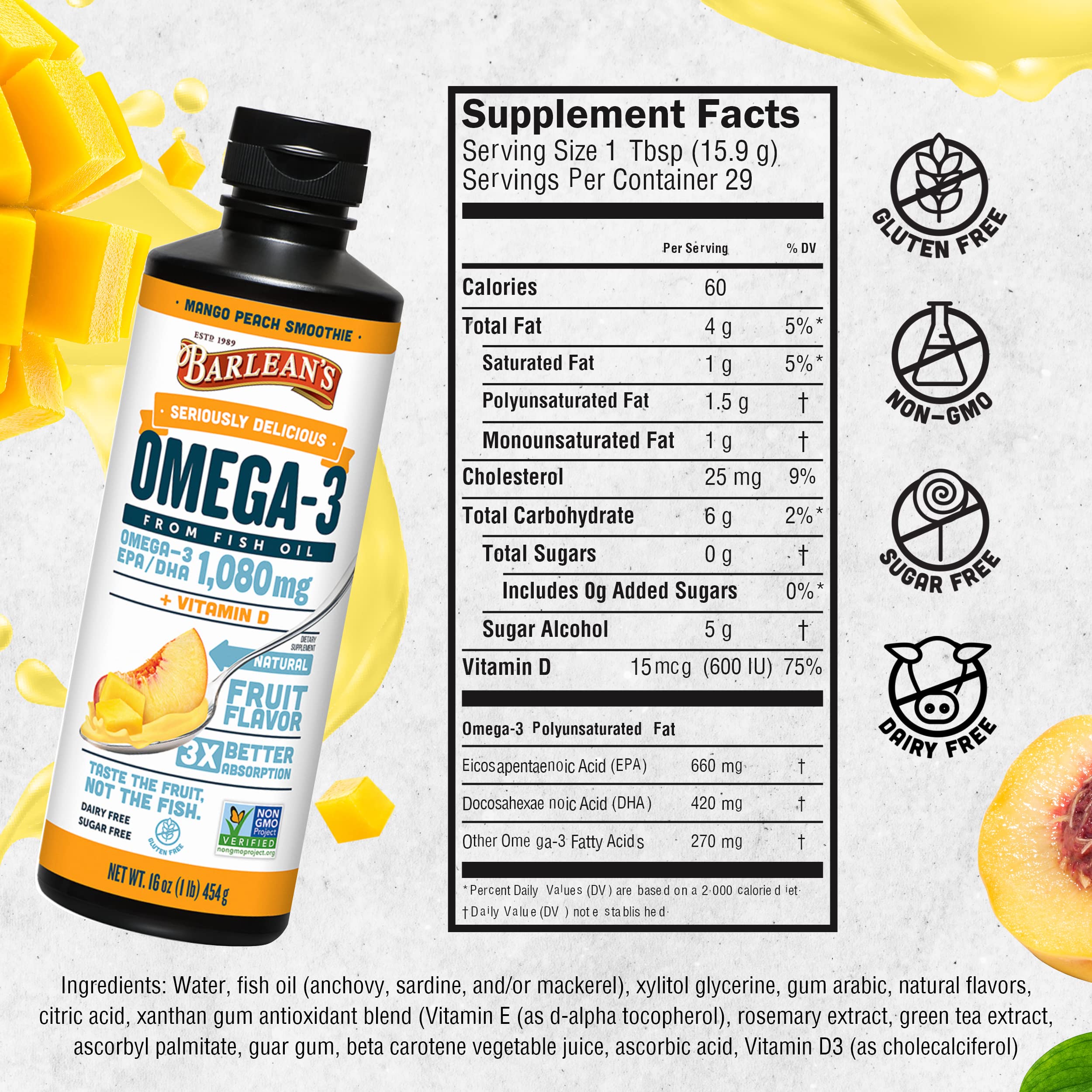 Foto 7 pulgar | Complemente El Aceite De Pescado Barlean's Mango Peach Omega 3 De 500 Ml Con Vitamina D - Venta Internacional.