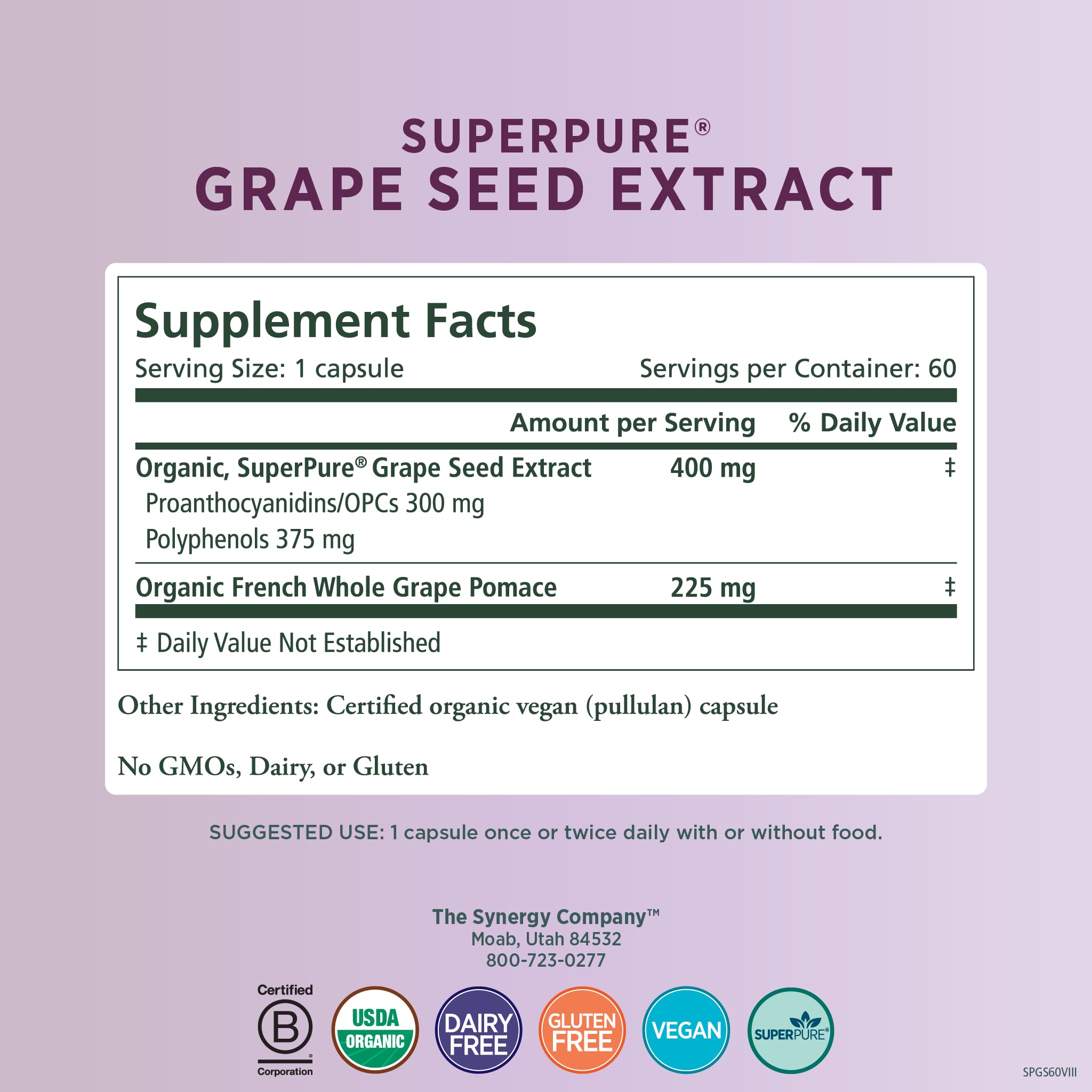 Foto 2 | Suplemento Pure Synergy Superpure De Extracto De Semilla De Uva 60 Cápsulas - Venta Internacional.