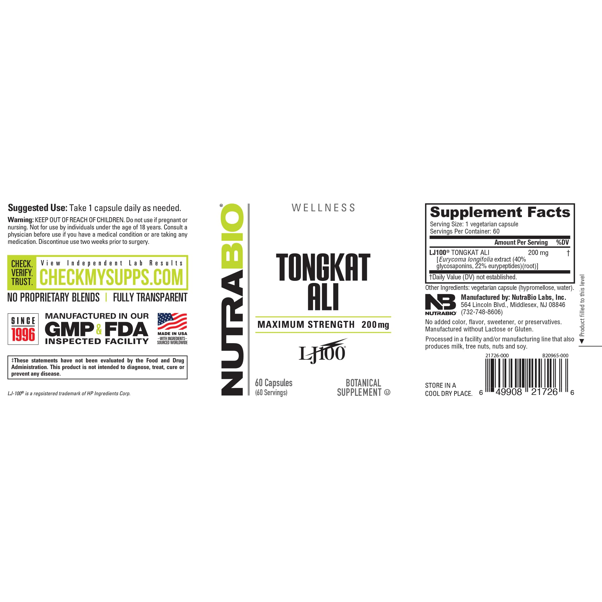 Foto 7 | Suplemento Nutrabio Tongkat Ali Lj 100 200 Mg 60 Porciones - Venta Internacional.