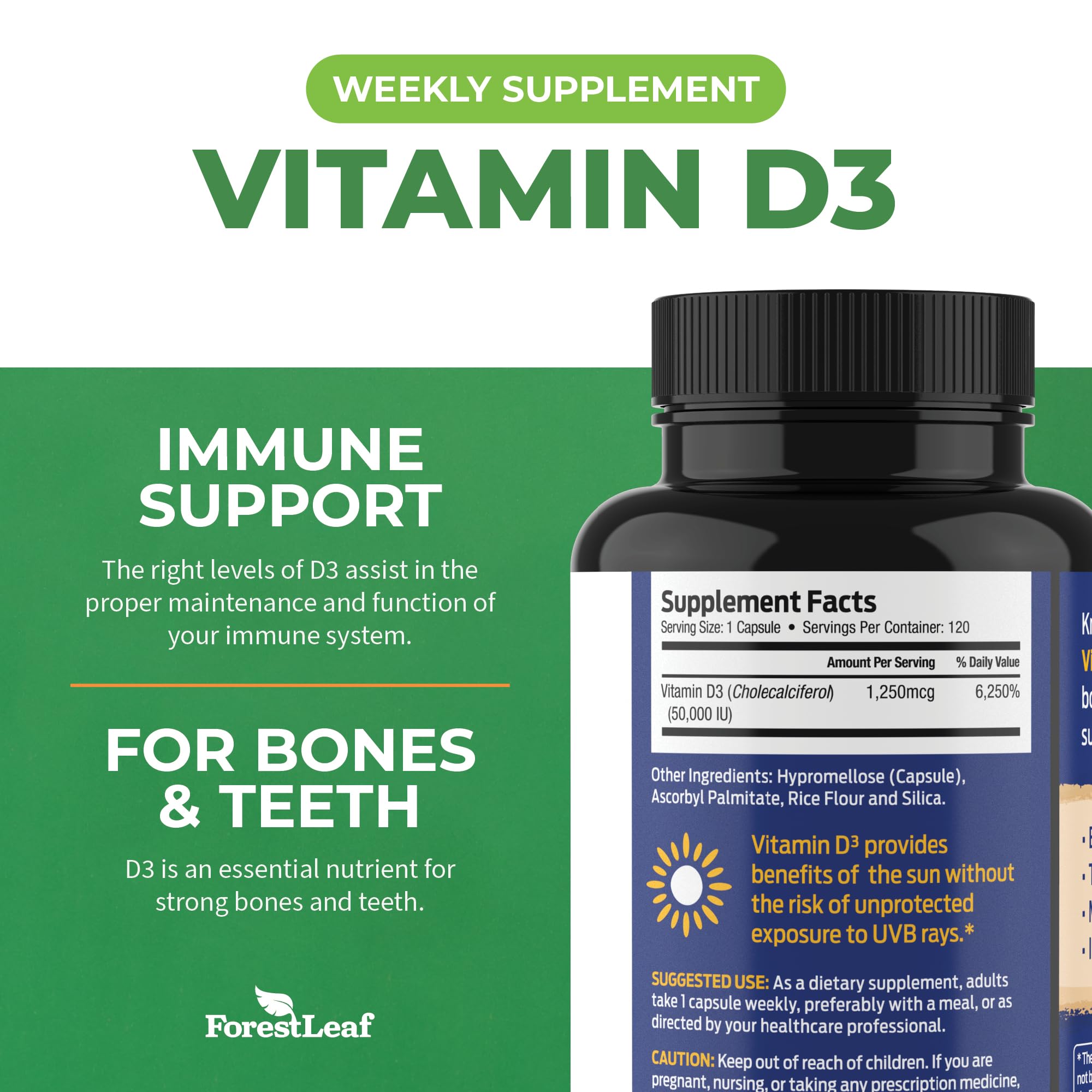 Foto 3 | Suplementos De Vitamina D3 Forestleaf, 50 000 Ui, 120 Cápsulas - Venta Internacional.