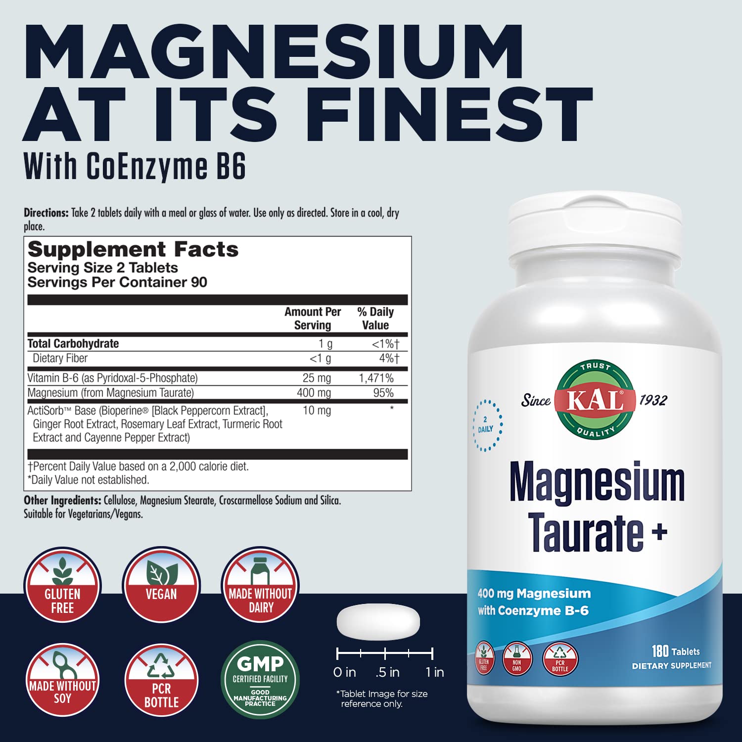 Foto 3 pulgar | Suplemento Kal De Taurato De Magnesio 400 Mg Con Coenzima B6 180 Tabletas - Venta Internacional.