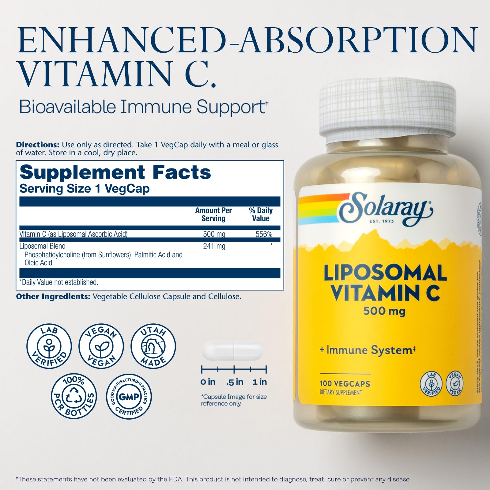 Foto 3 pulgar | Suplemento Solaray De Vitamina C Liposomal, 500 Mg, 100 Cápsulas Vegetales - Venta Internacional.