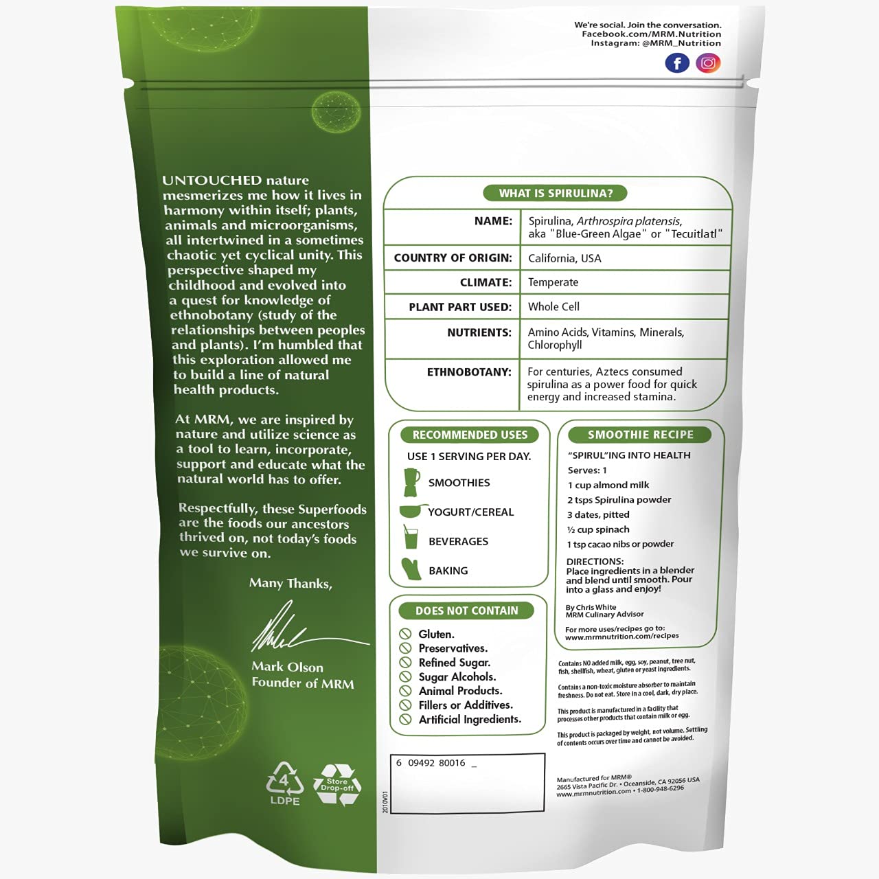 Foto 3 pulgar | Suplemento Mrm Nutrition, Espirulina En Polvo, 250 Ml, 40 Porciones - Venta Internacional.