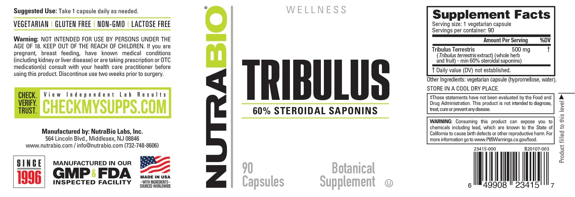 Foto 4 pulgar | Suplemento de Extracto de Tribulus Terrestris Nutrabio 500 mg 90 Cápsulas - Venta Internacional