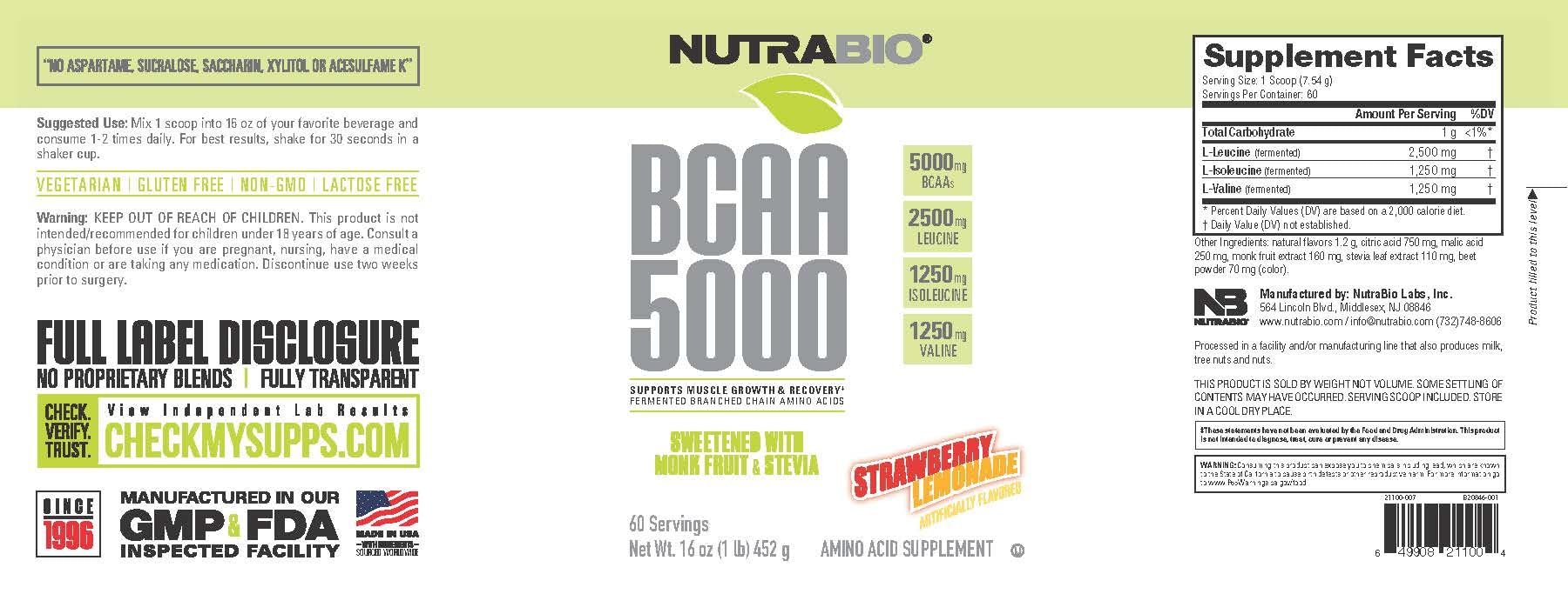 Foto 3 pulgar | Suplemento NutraBio BCAA 5000 en Polvo Limonada de Fresa 60 Porciones - Venta Internacional