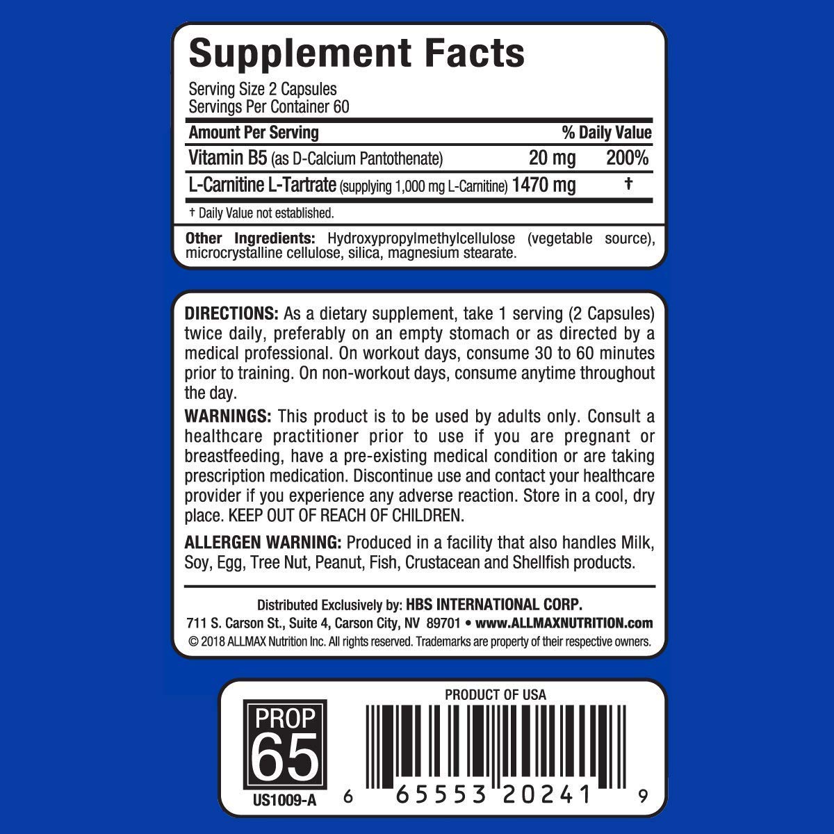 Foto 3 pulgar | Suplemento Allmax Nutrition L-carnitina + Tartrato 120 Cápsulas - Venta Internacional.