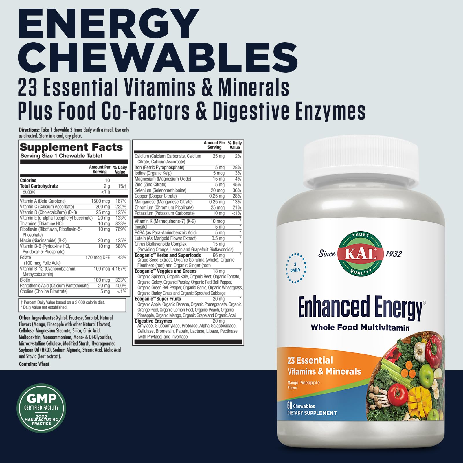 Foto 3 pulgar | Suplementos Multivitamínicos Masticables Kal Enhanced Energy, 60 Unidades - Venta Internacional.