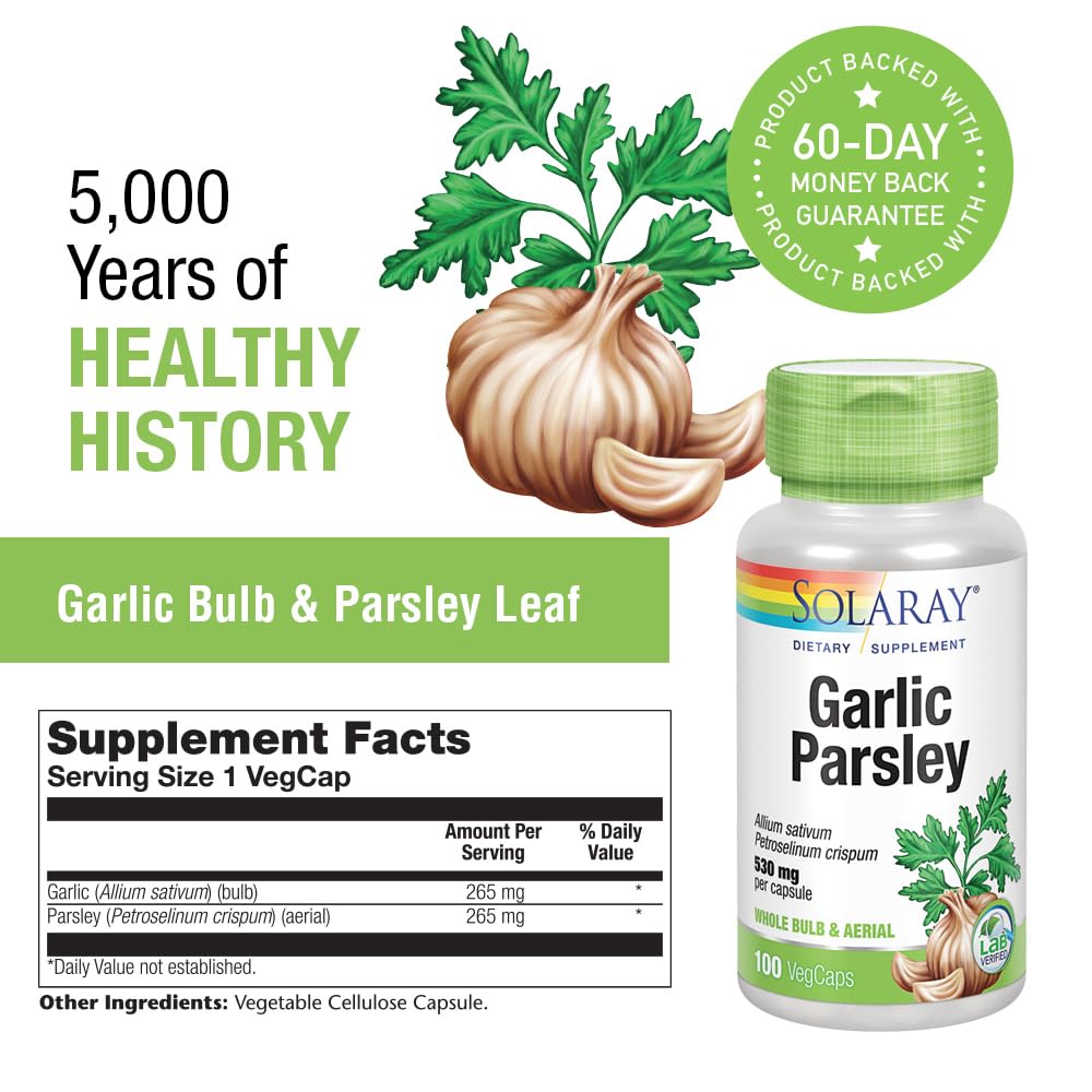 Foto 4 pulgar | Suplemento Solaray De Bulbo De Ajo Y Hoja De Perejil 530 Mg, 100 Cápsulas Vegetales - Venta Internacional.