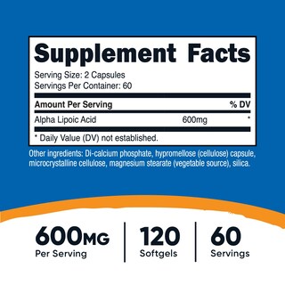 Foto 2 | Suplemento Nutricost De Ácido Alfa Lipoico 600 Mg 120 Cápsulas - Venta Internacional.