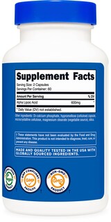 Foto 7 | Suplemento Nutricost De Ácido Alfa Lipoico 600 Mg 120 Cápsulas - Venta Internacional.