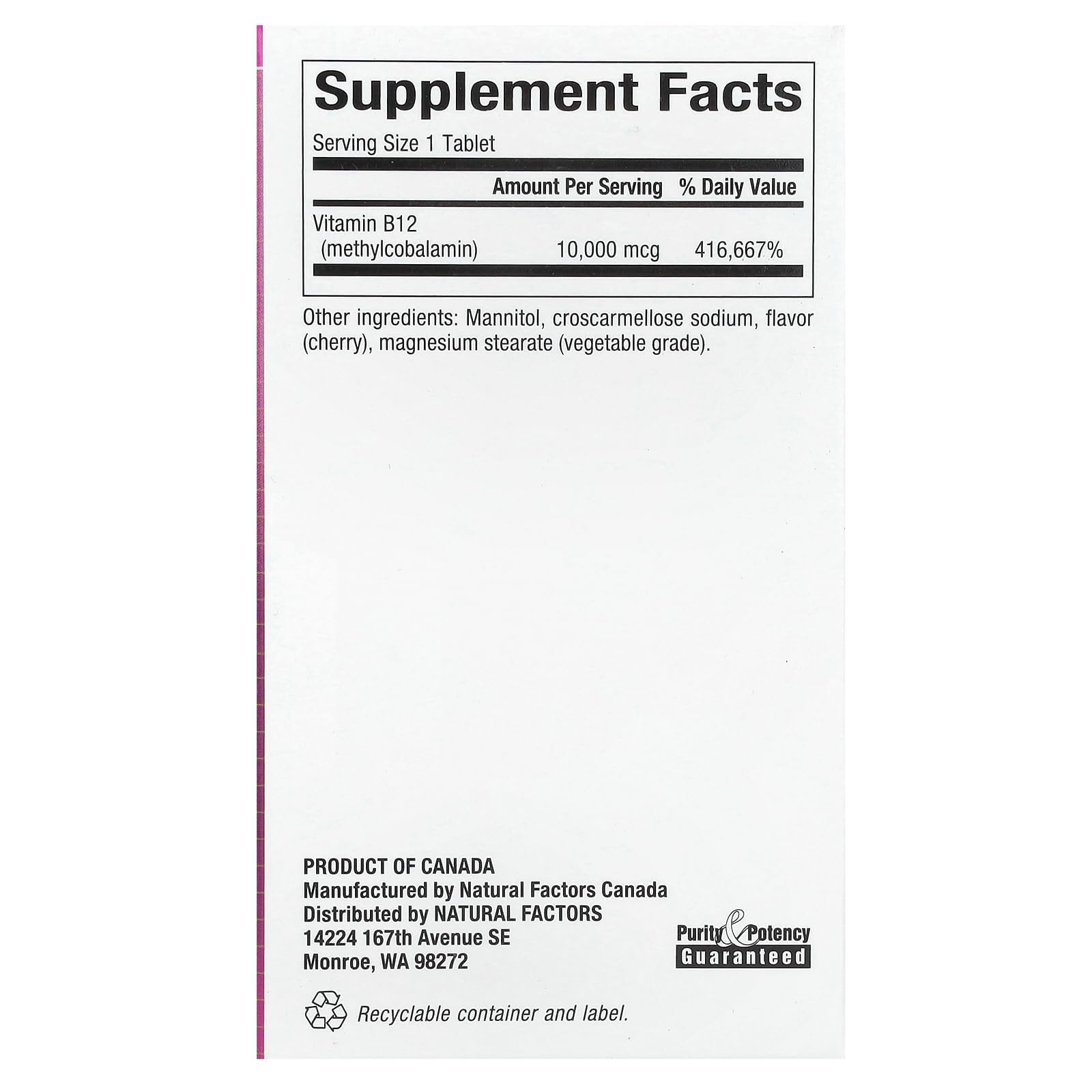Foto 3 pulgar | Suplemento Natural Factors B12, Metilcobalamina, 10,000 Mcg - Venta Internacional.