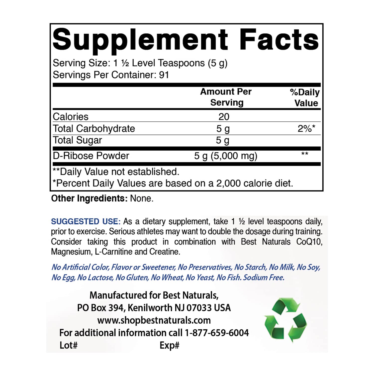 Foto 3 pulgar | Suplemento Best Naturals D-ribosa En Polvo 454 G - Venta Internacional.