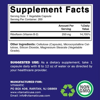 Foto 2 | Suplemento Vitamático De Vitamina B2 (riboflavina) 250 Mg 200 Cápsulas - Venta Internacional.