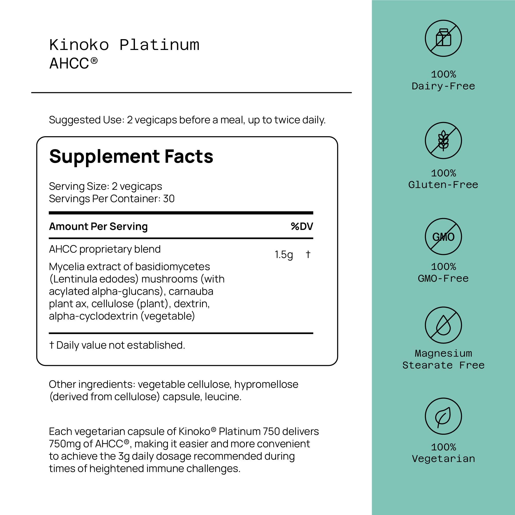 Foto 3 pulgar | Suplemento Quality Of Life Premium Kinoko Platinum Ahcc 750 Mg - Venta Internacional.