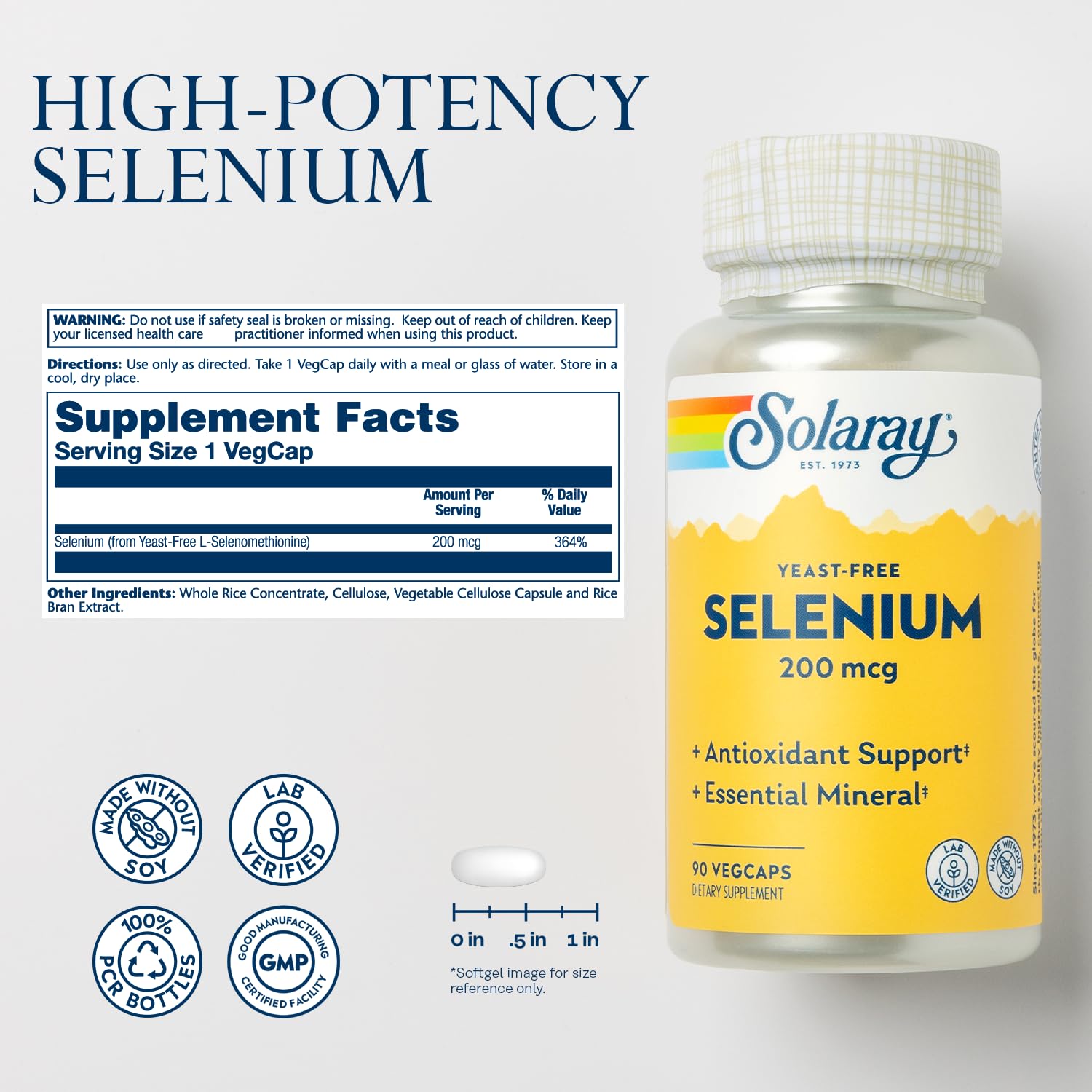 Foto 3 pulgar | Suplemento Solaray De Selenio Sin Levadura, 200 Mcg, 90 Cápsulas Vegetales - Venta Internacional.