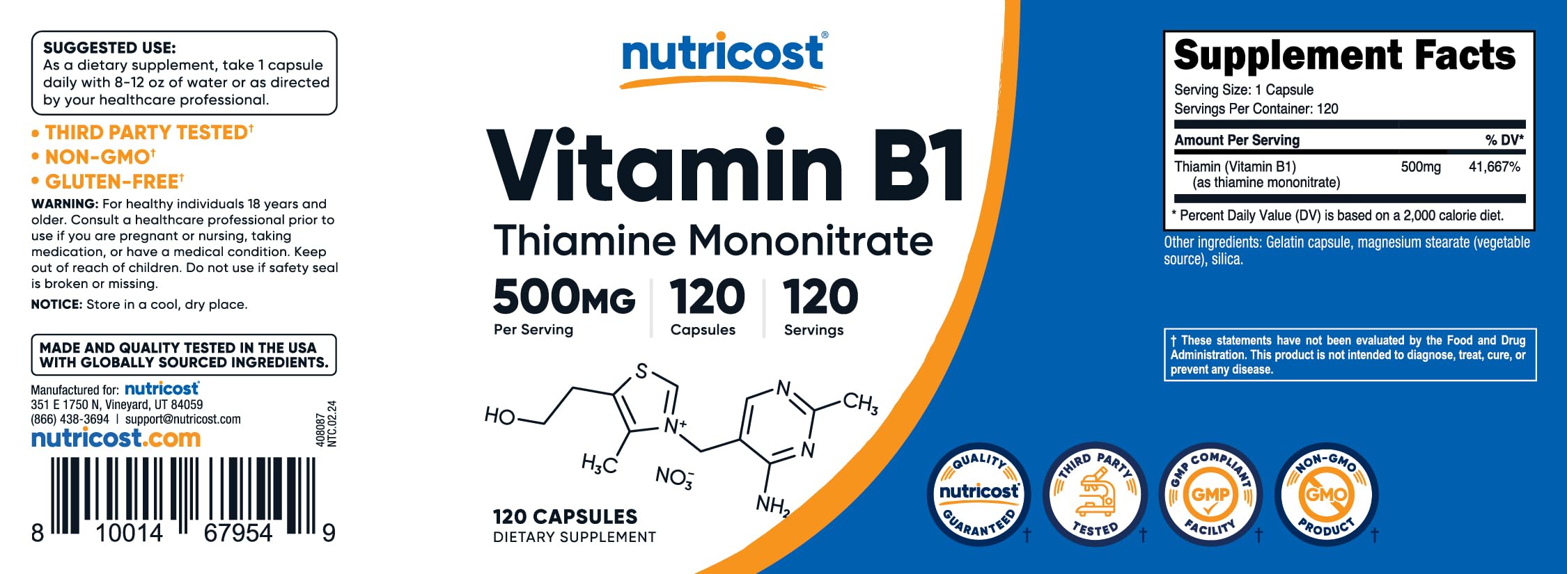 Foto 6 pulgar | Suplemento Nutricost De Vitamina B1 (tiamina) 500 Mg 120 Cápsulas - Venta Internacional.