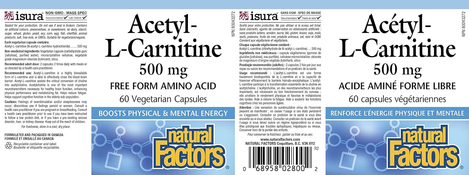 Foto 3 pulgar | Suplemento Natural Factors Acetil L-carnitina 500 Mg 60 Cápsulas - Venta Internacional.