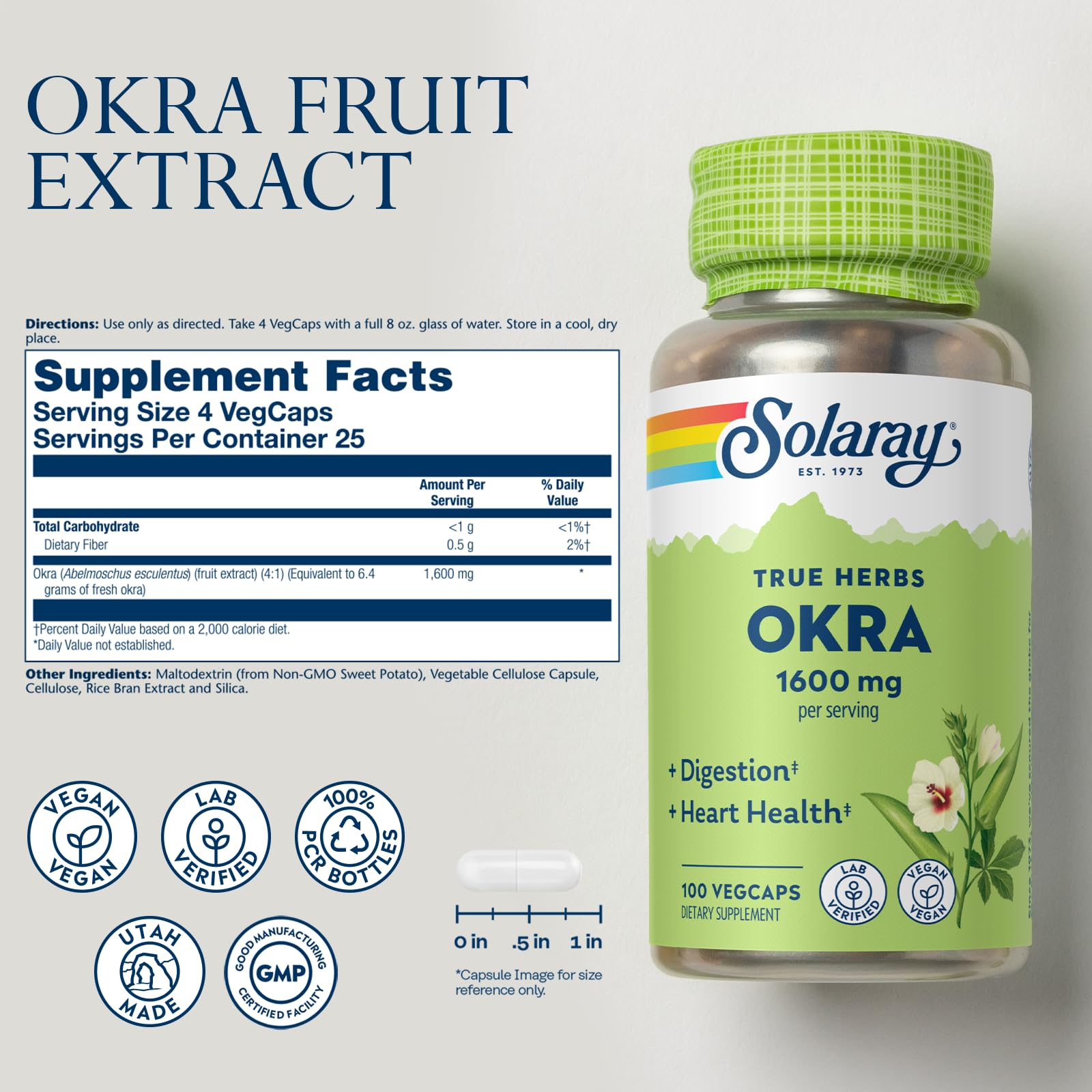 Foto 3 pulgar | Suplemento Solaray Okra Fruit 1600 Mg De Fibra Soluble, 100 Cápsulas Vegetales - Venta Internacional.