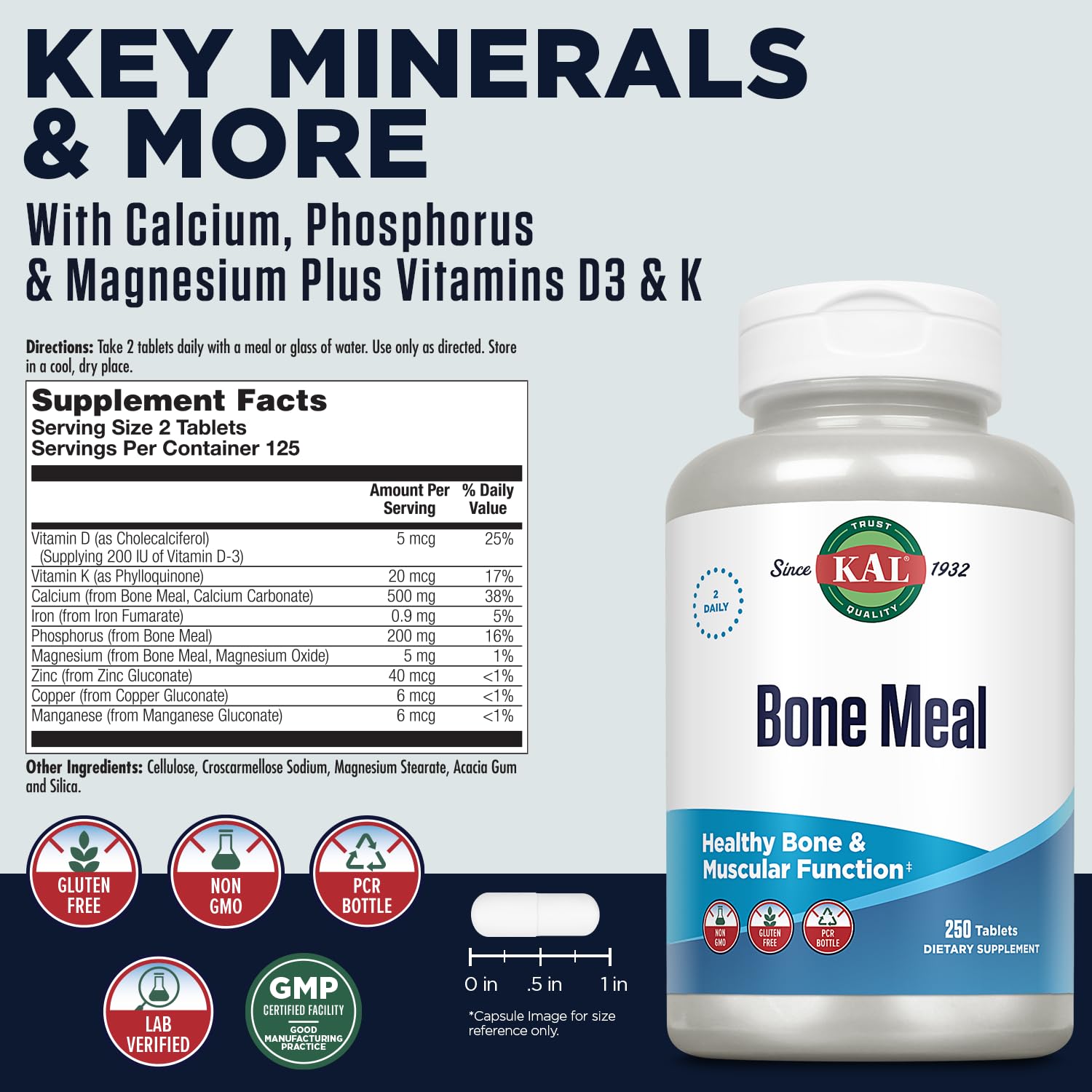 Foto 2 | Suplemento De Calcio Kal Bone Meal Tablets 250 Unidades - Venta Internacional.