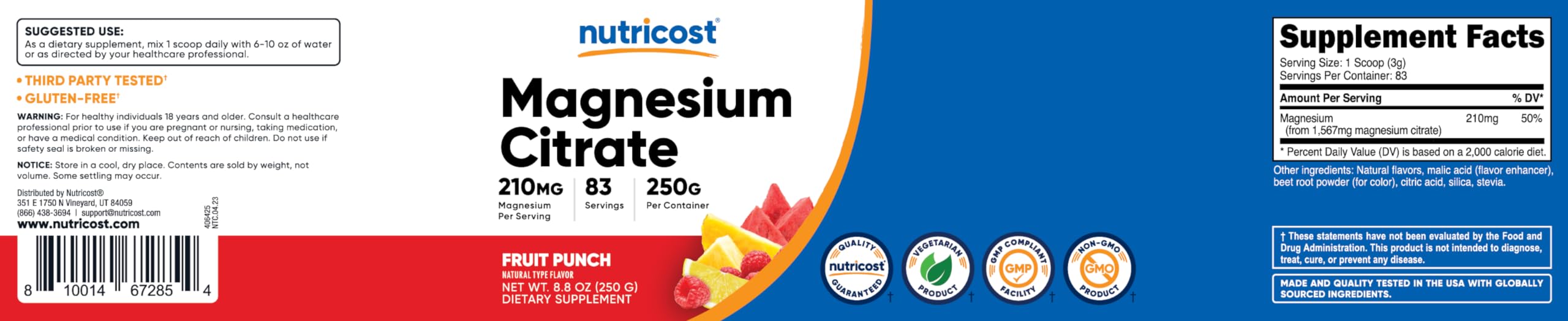 Foto 7 pulgar | Citrato De Magnesio En Polvo Nutricost Fruit Punch 250 G - Venta Internacional.