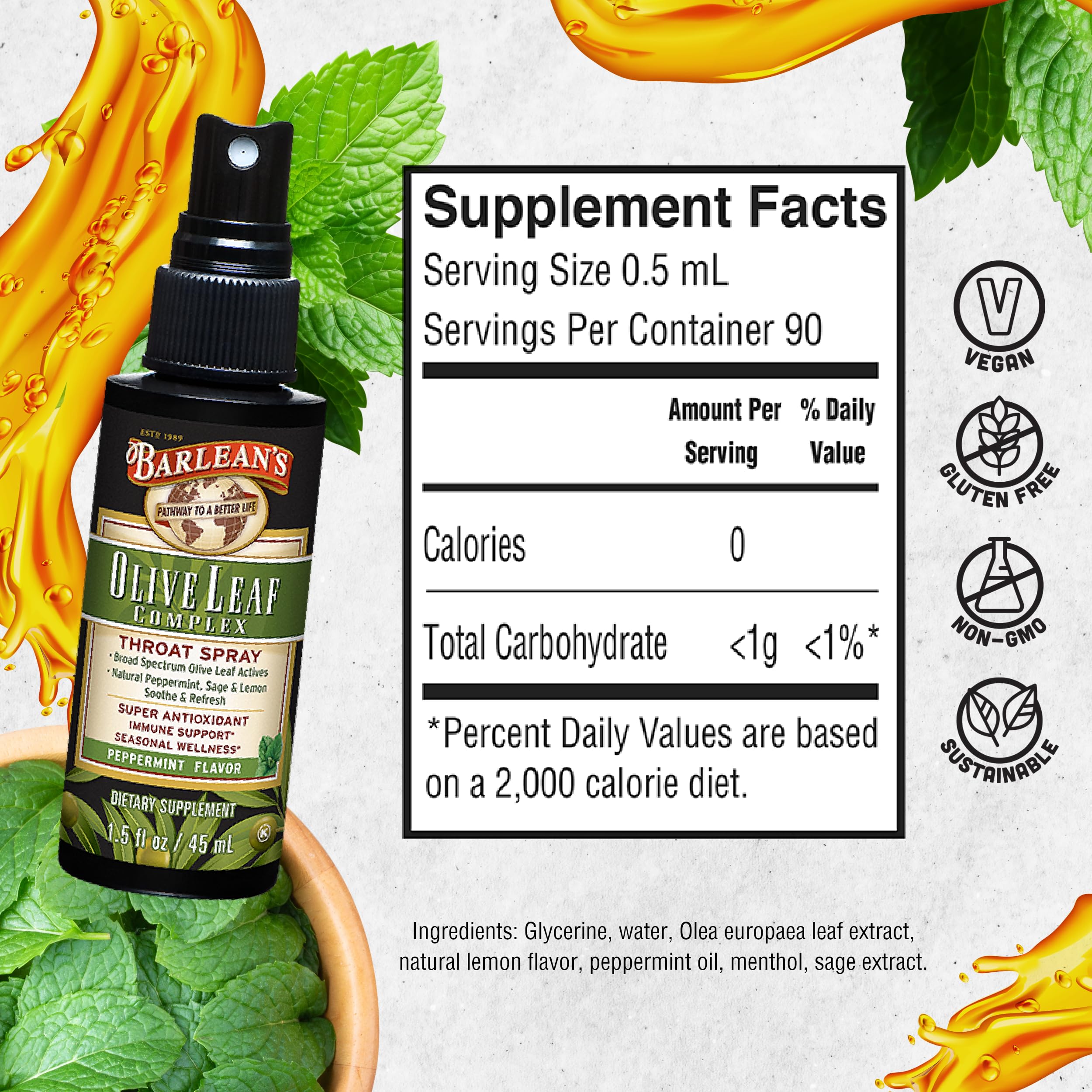 Foto 7 pulgar | Spray Para Garganta Barlean's Olive Leaf Complex, 44 Ml, Con Menta - Venta Internacional.